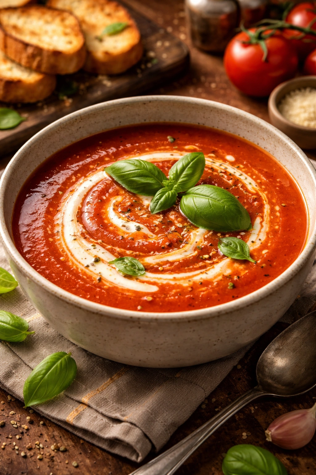 Tomato soup with cream swirl and basil garnish