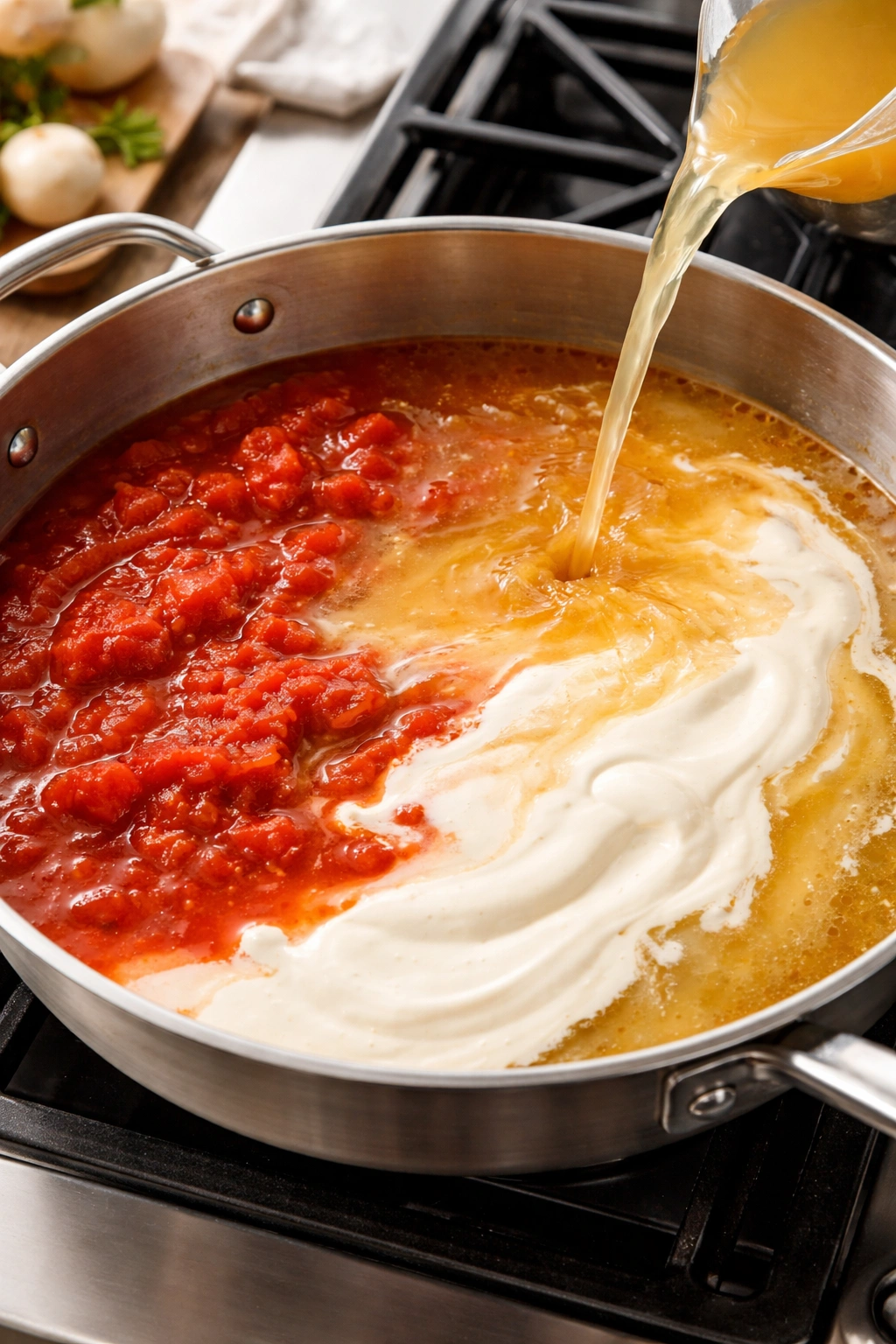Pot with tomato sauce, broth, and cream blending together
