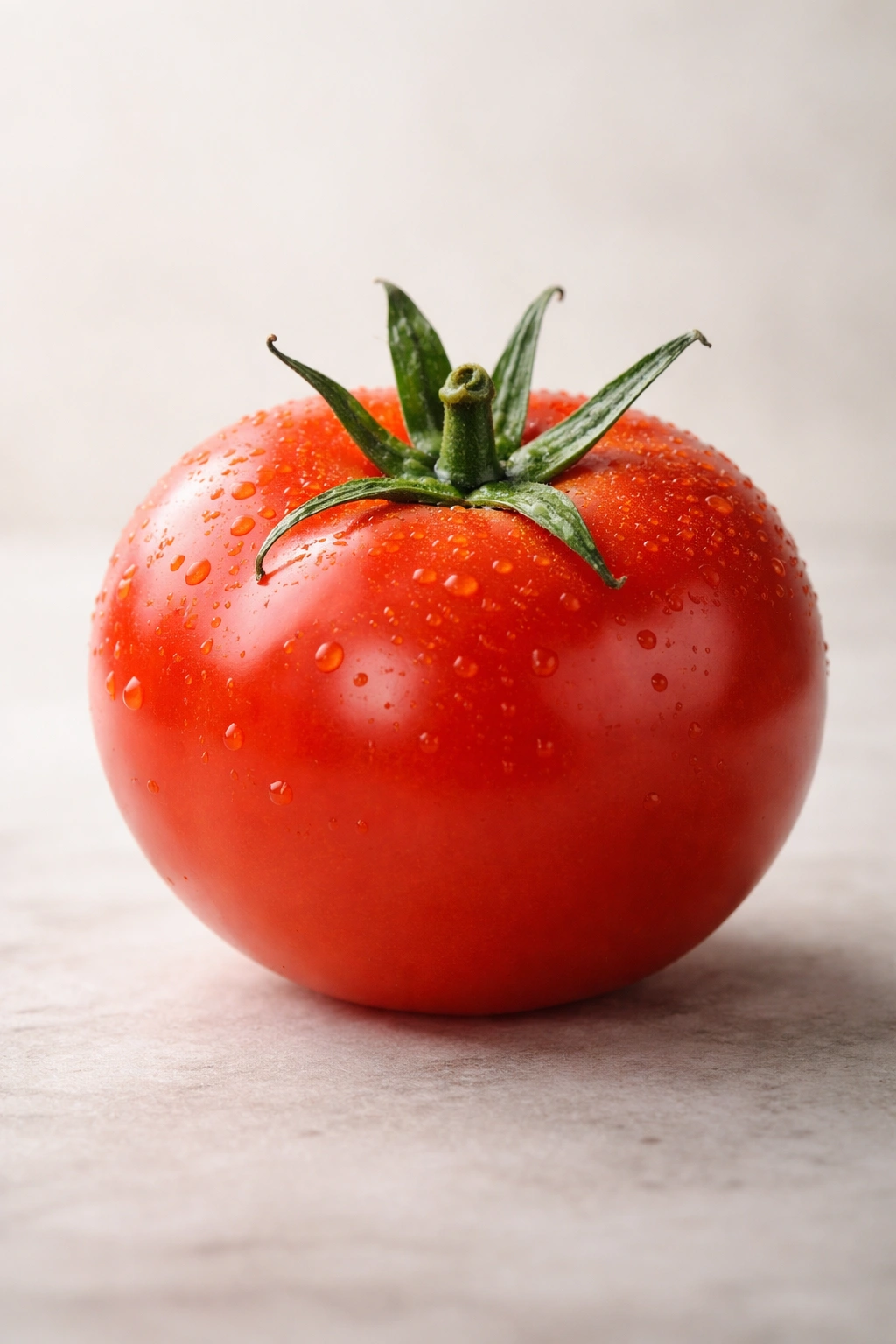 Close-up of a ripe red tomato on a neutral background