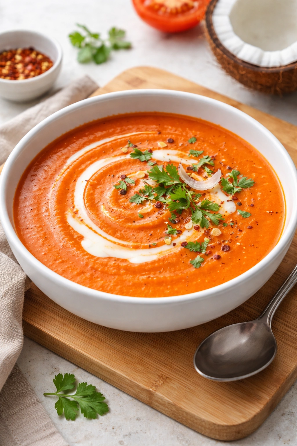 Creamy Tomato-Coconut Soup in a bright bowl with coconut-tomato base
