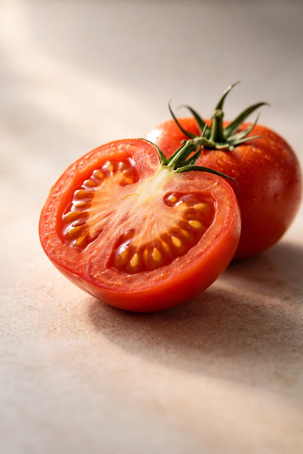 Tomato halves on a neutral surface with warm lighting suggesting cooking and digestion-friendly preparation