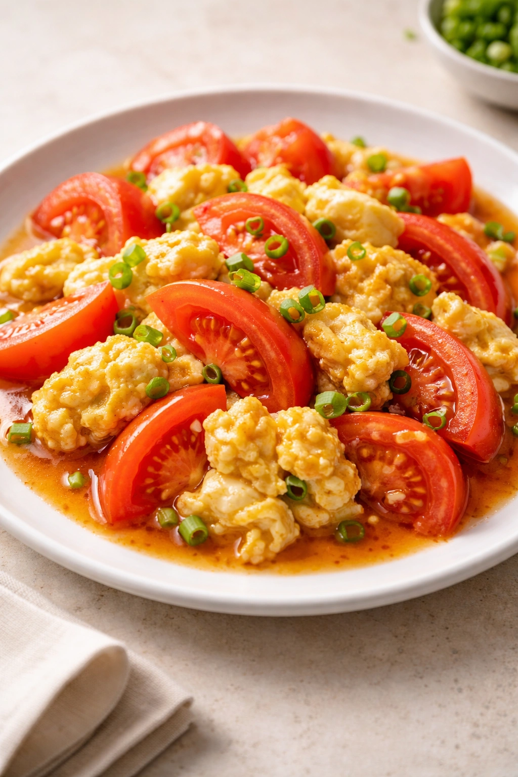 Tomato and egg stir-fry on plate with glossy sauce
