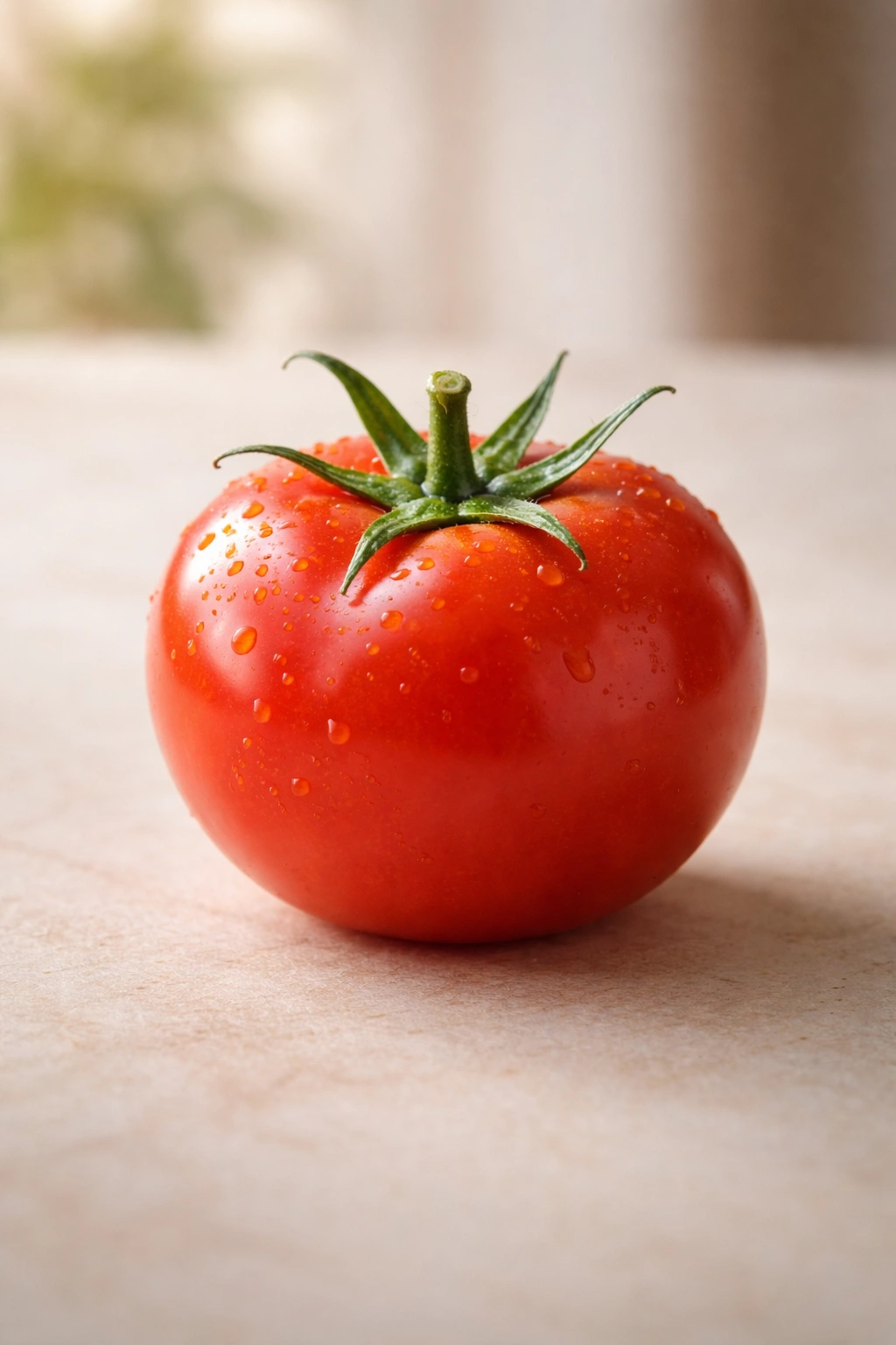 Single ripe tomato on neutral background with soft lighting conveying positive final thoughts