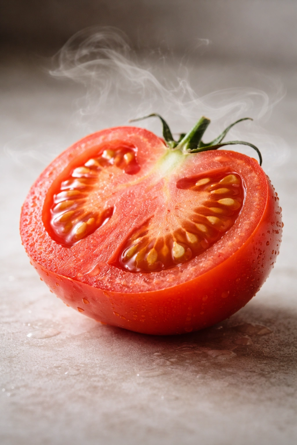Close-up of a tomato cross-section showing fibrous interior and seeds to imply fiber and gas