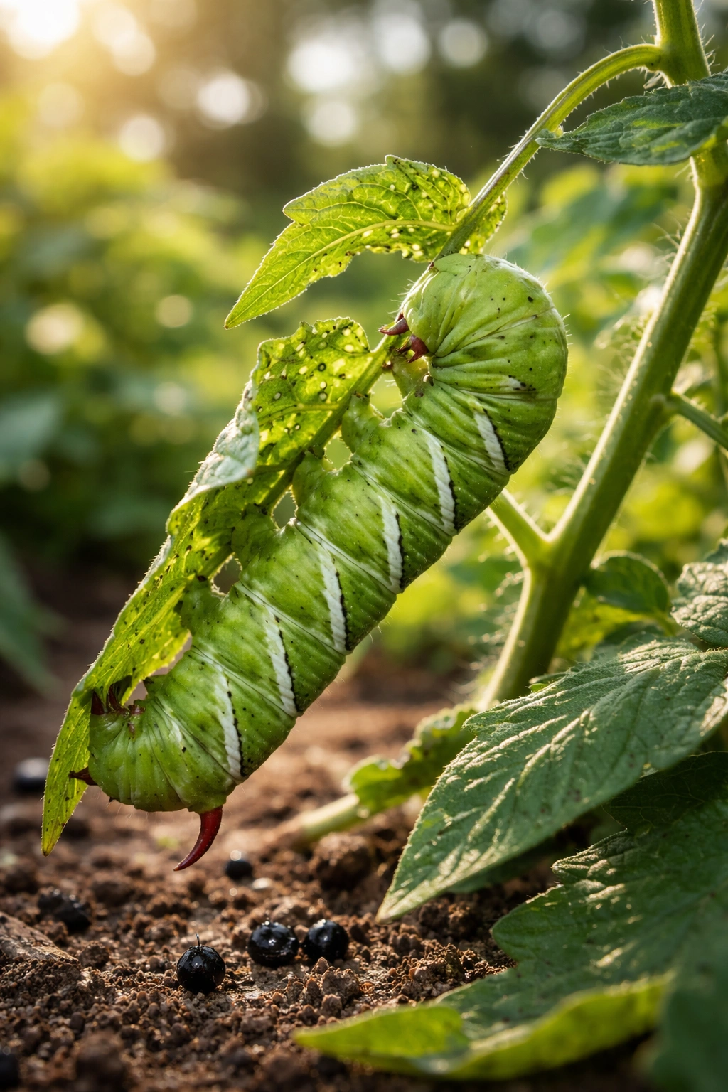 Bright green hornworm on tomato leaf with feeding damage