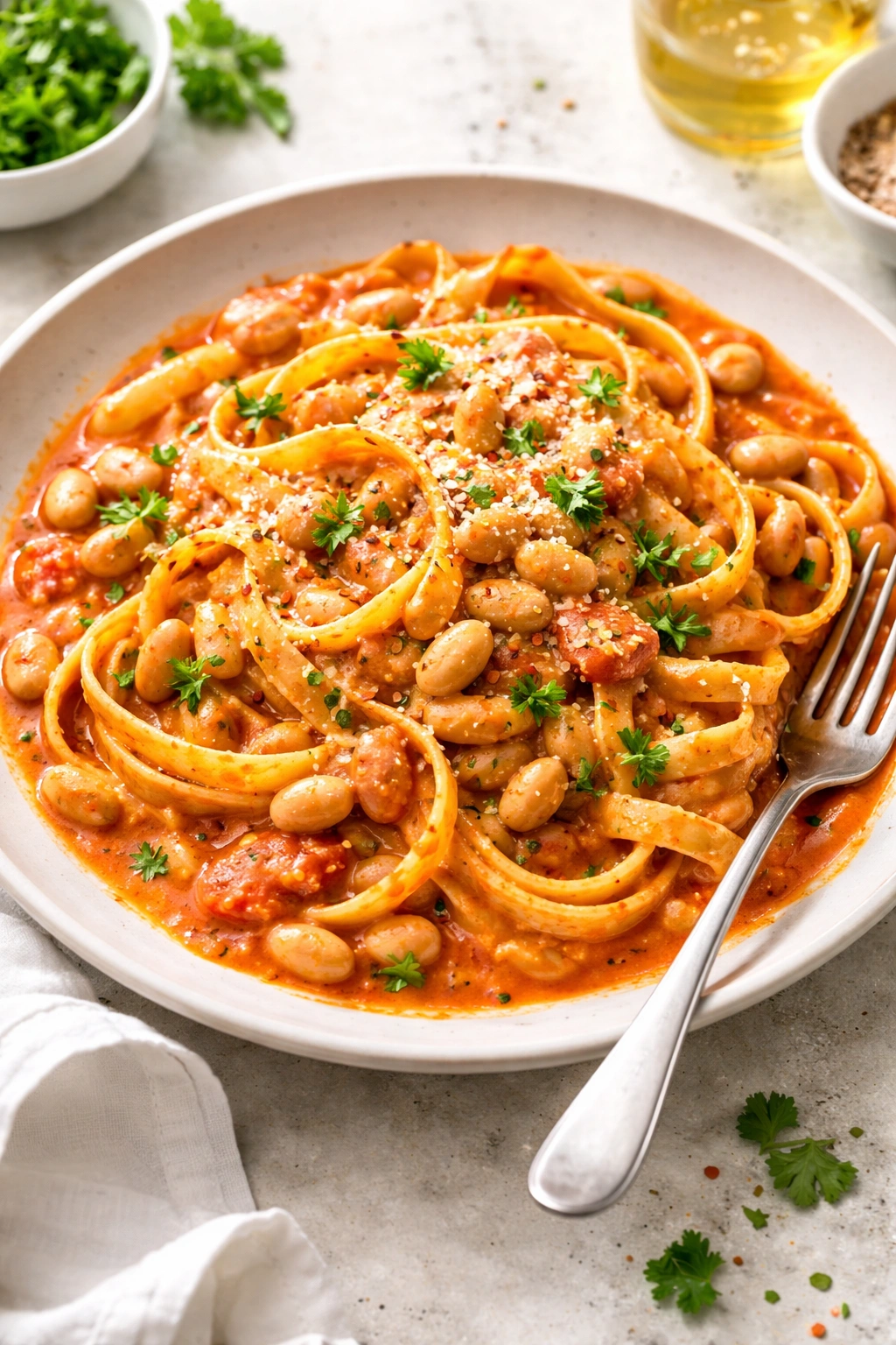 Creamy tomato pasta with white beans on plate