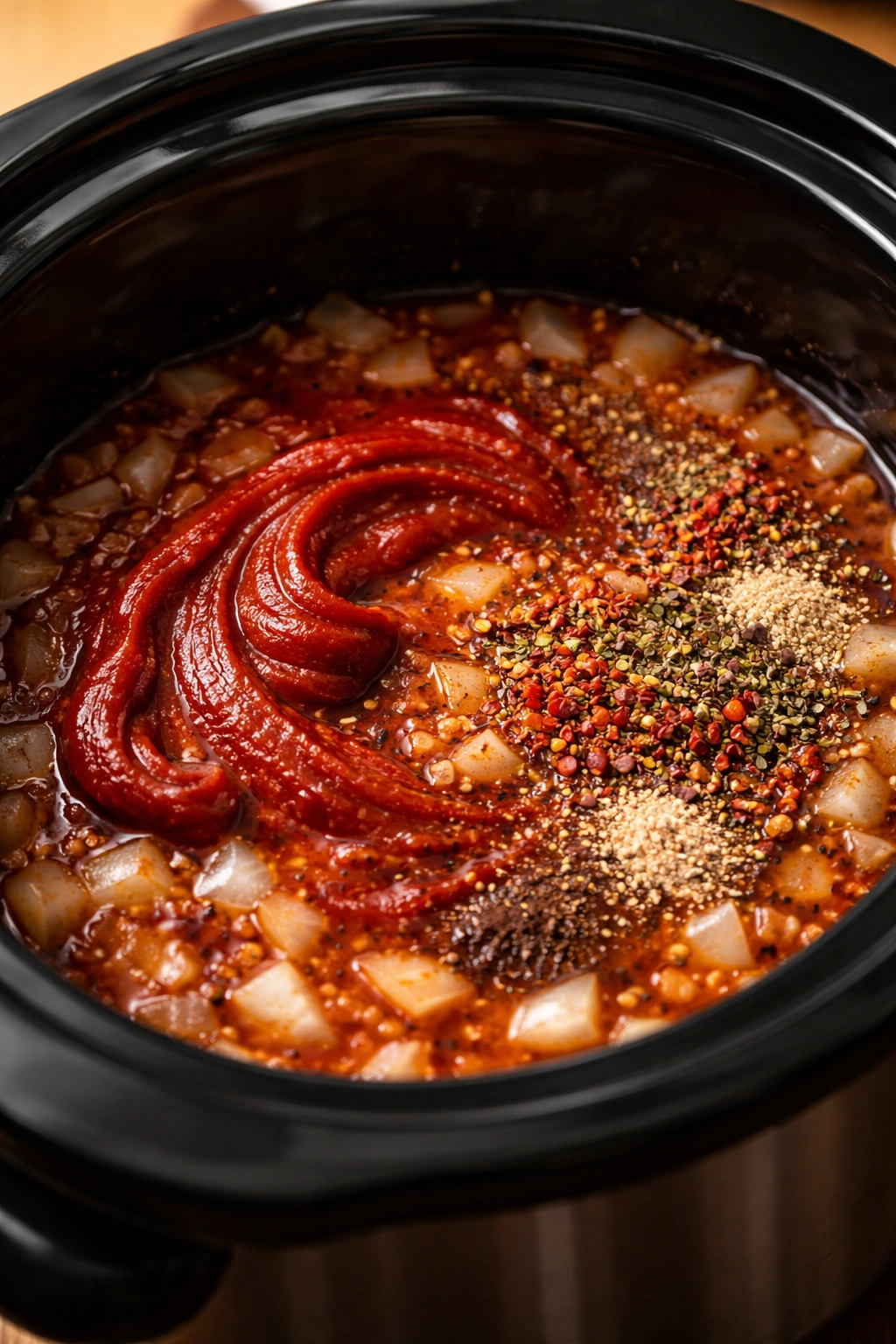 Inside slow cooker showing tomato paste and spices mingling with onions