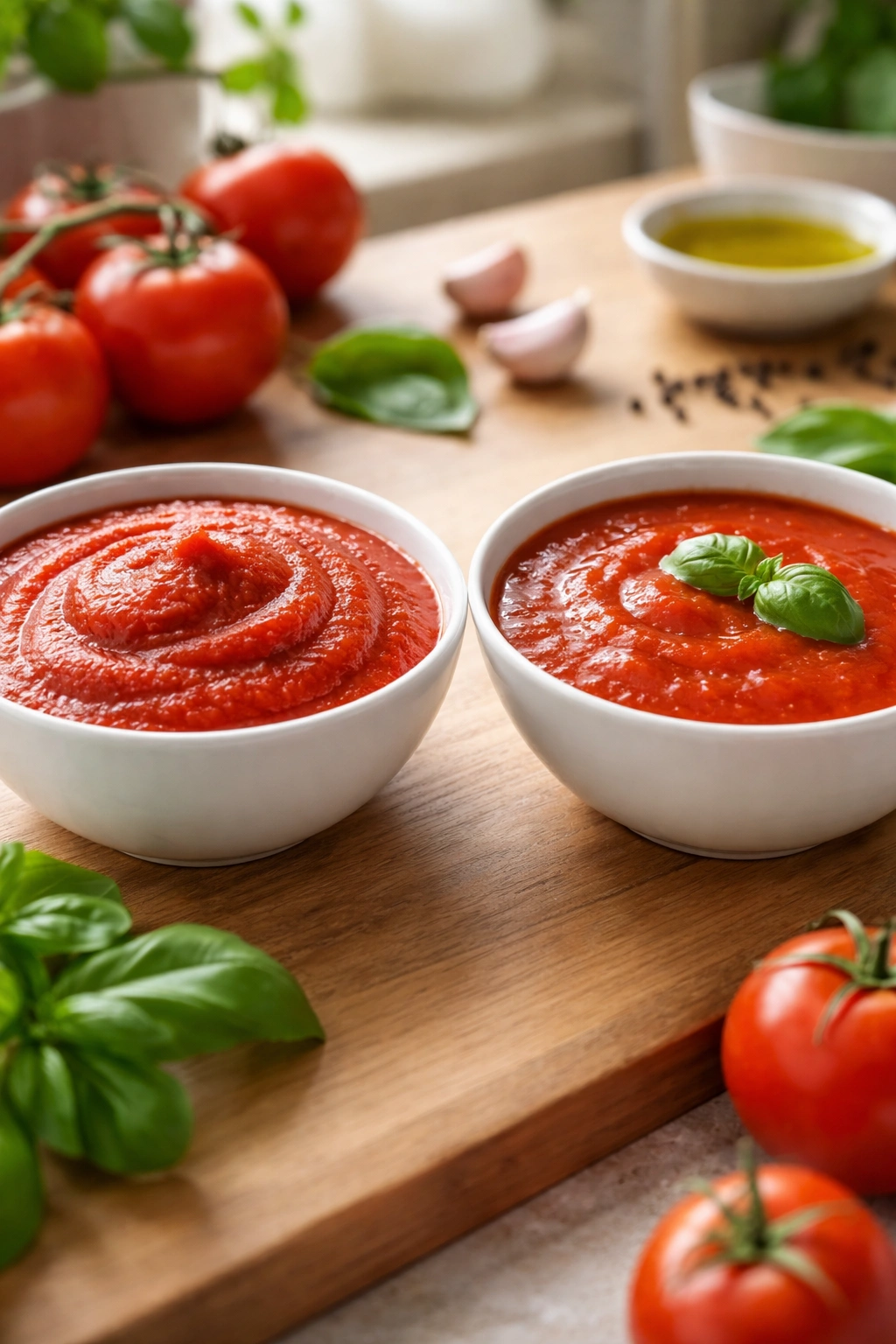 Split bowl comparison of tomato puree and tomato sauce texture