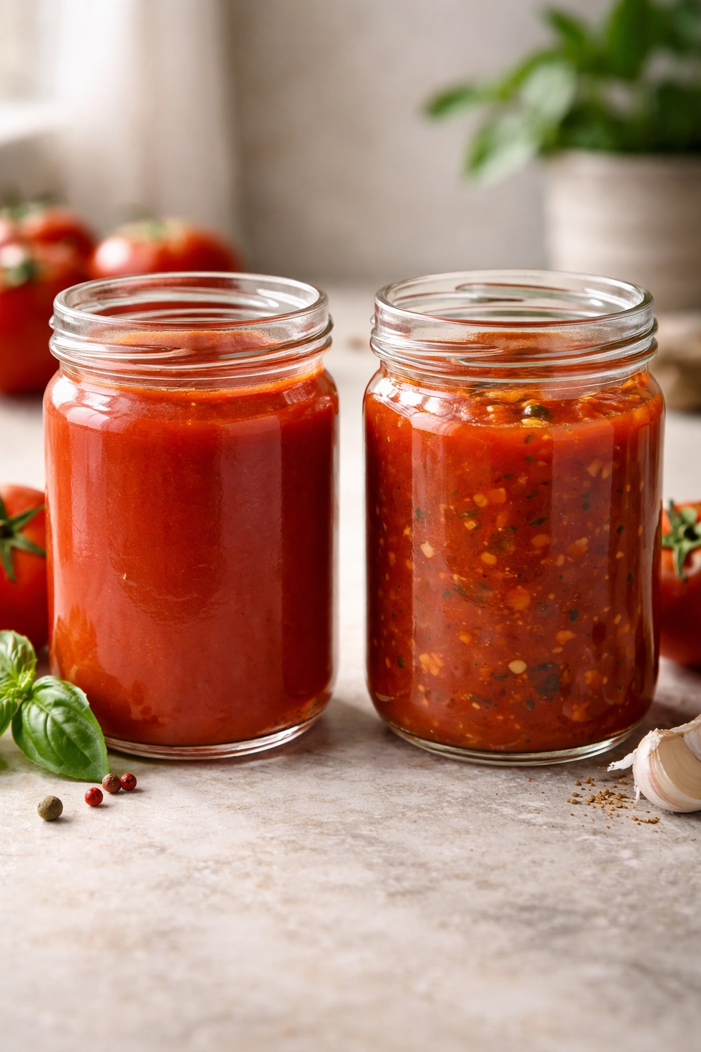 Two jars showing tomato puree and tomato sauce texture differences