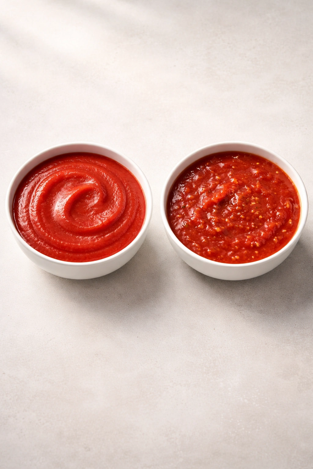 Two minimalist bowls showing tomato puree and tomato sauce textures