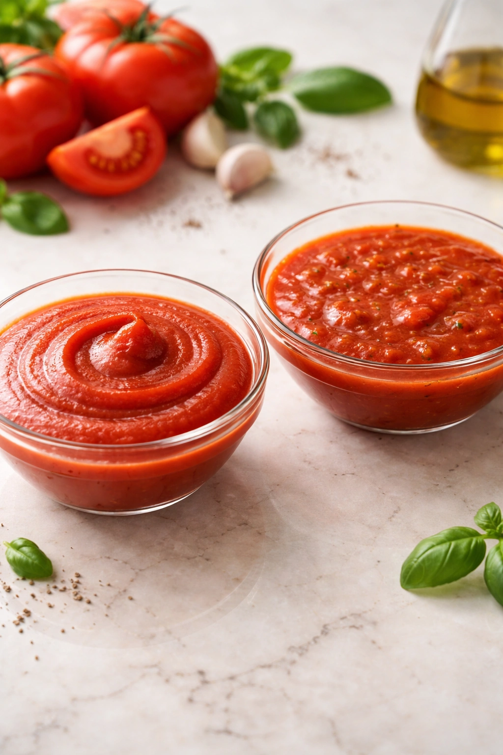 Close-up of thick tomato puree beside thinner tomato sauce to show texture differences
