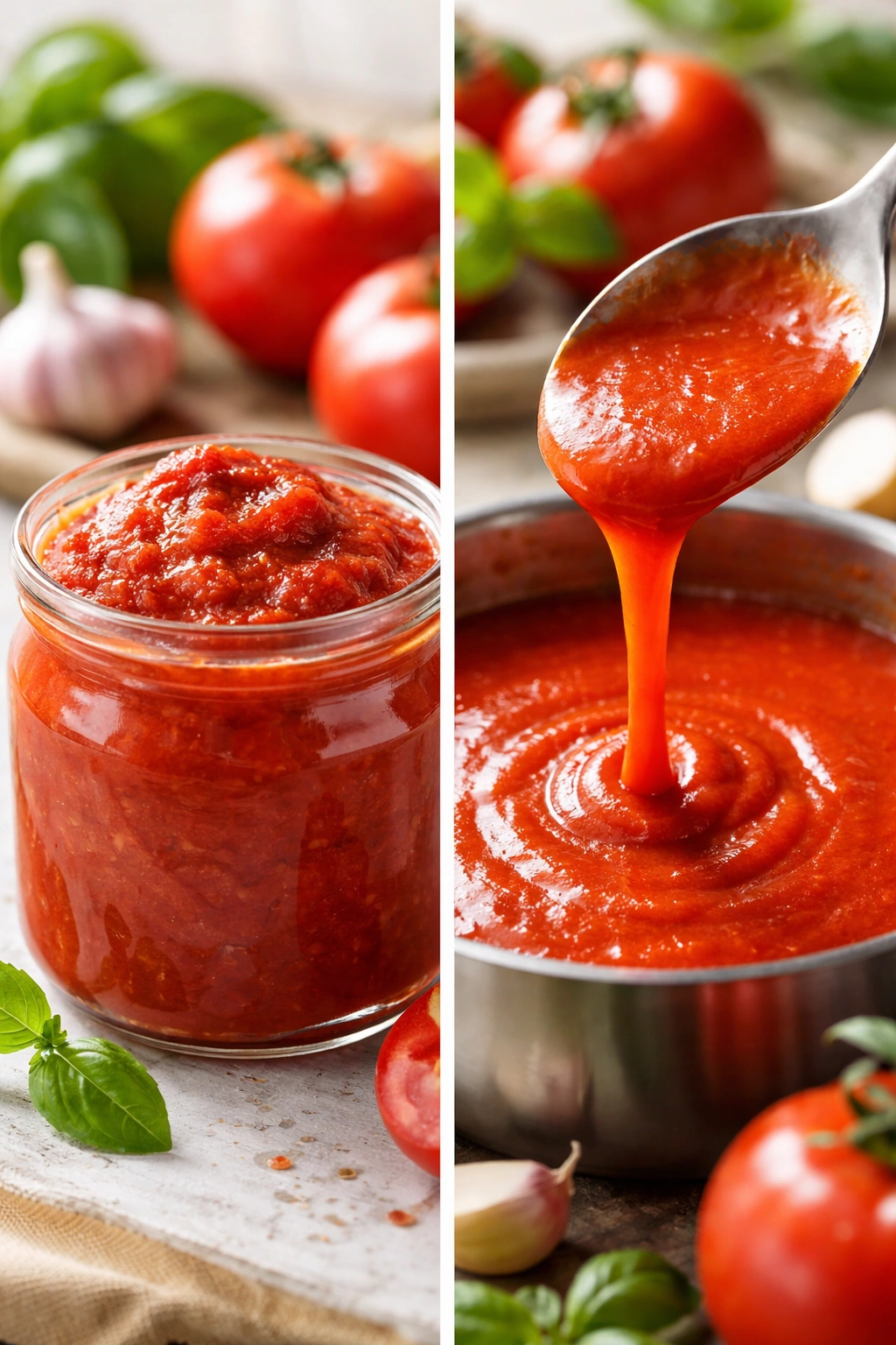 Close-up split image showing thick tomato puree and runny tomato sauce viscosity contrast