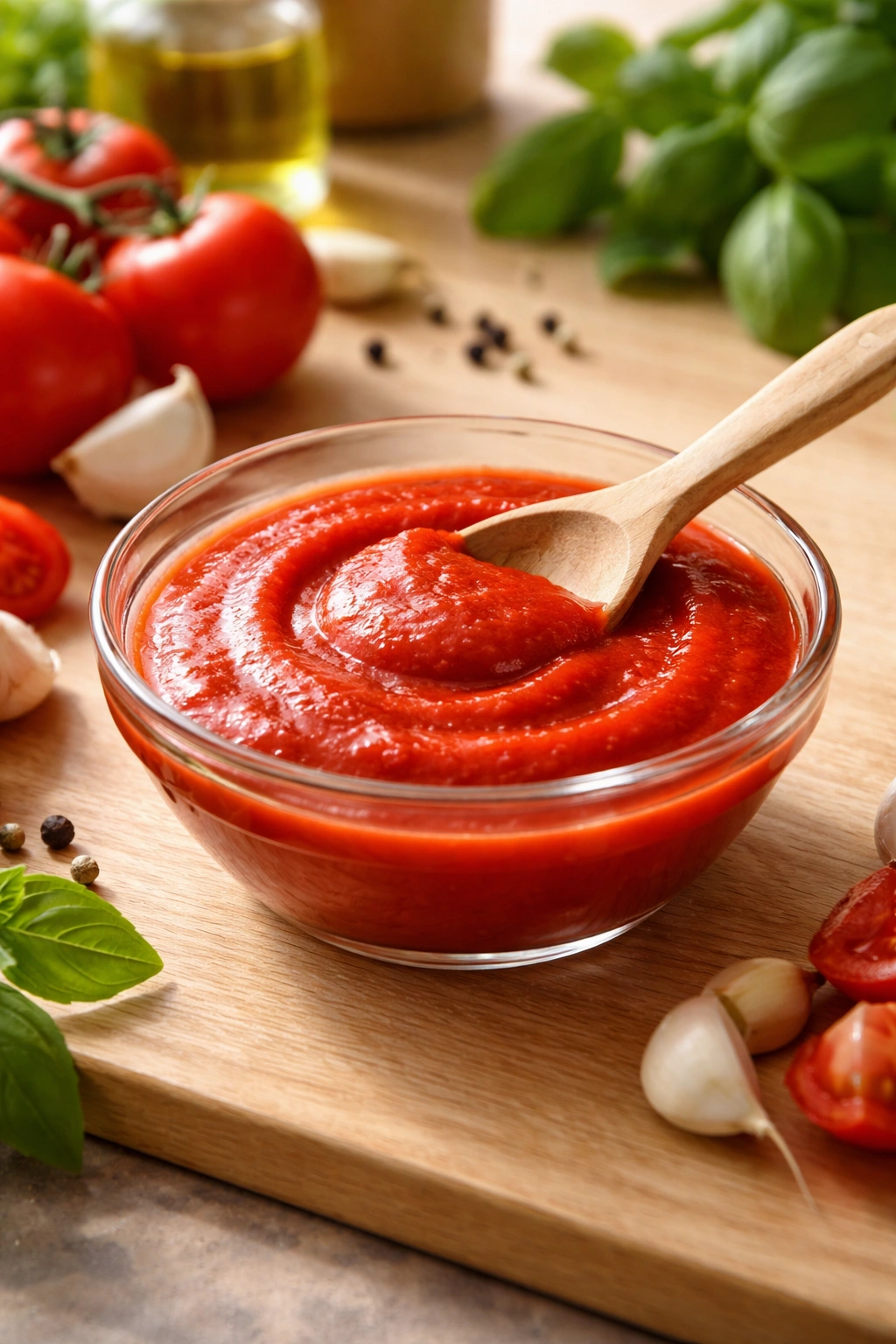 Thick tomato puree in a glass bowl with a wooden spoon
