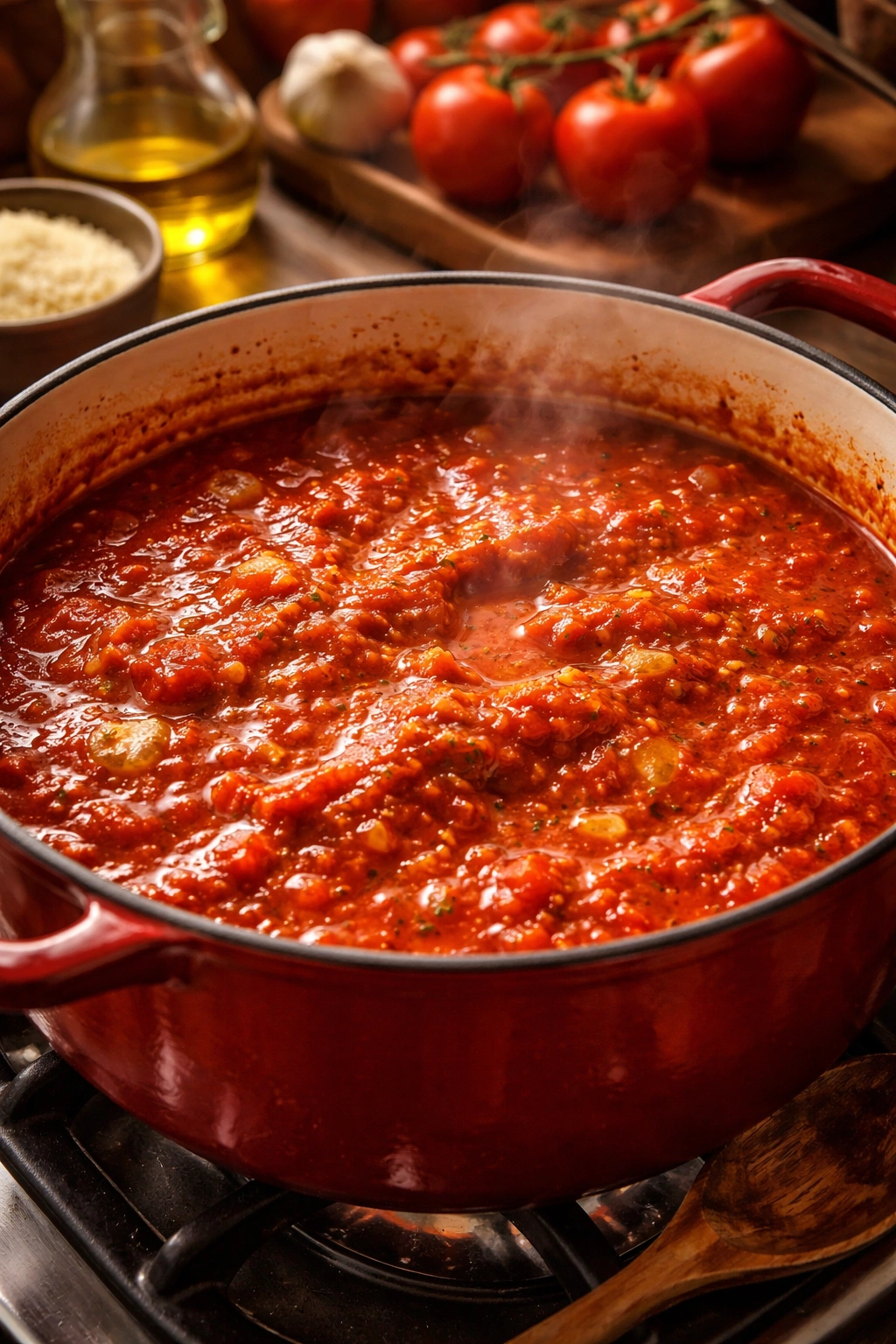 Close-up of simmering tomato sauce with onions and garlic