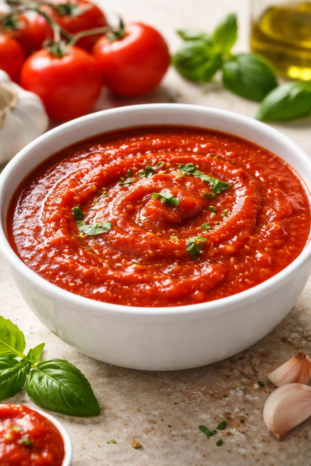 Glossy tomato sauce in a simple bowl