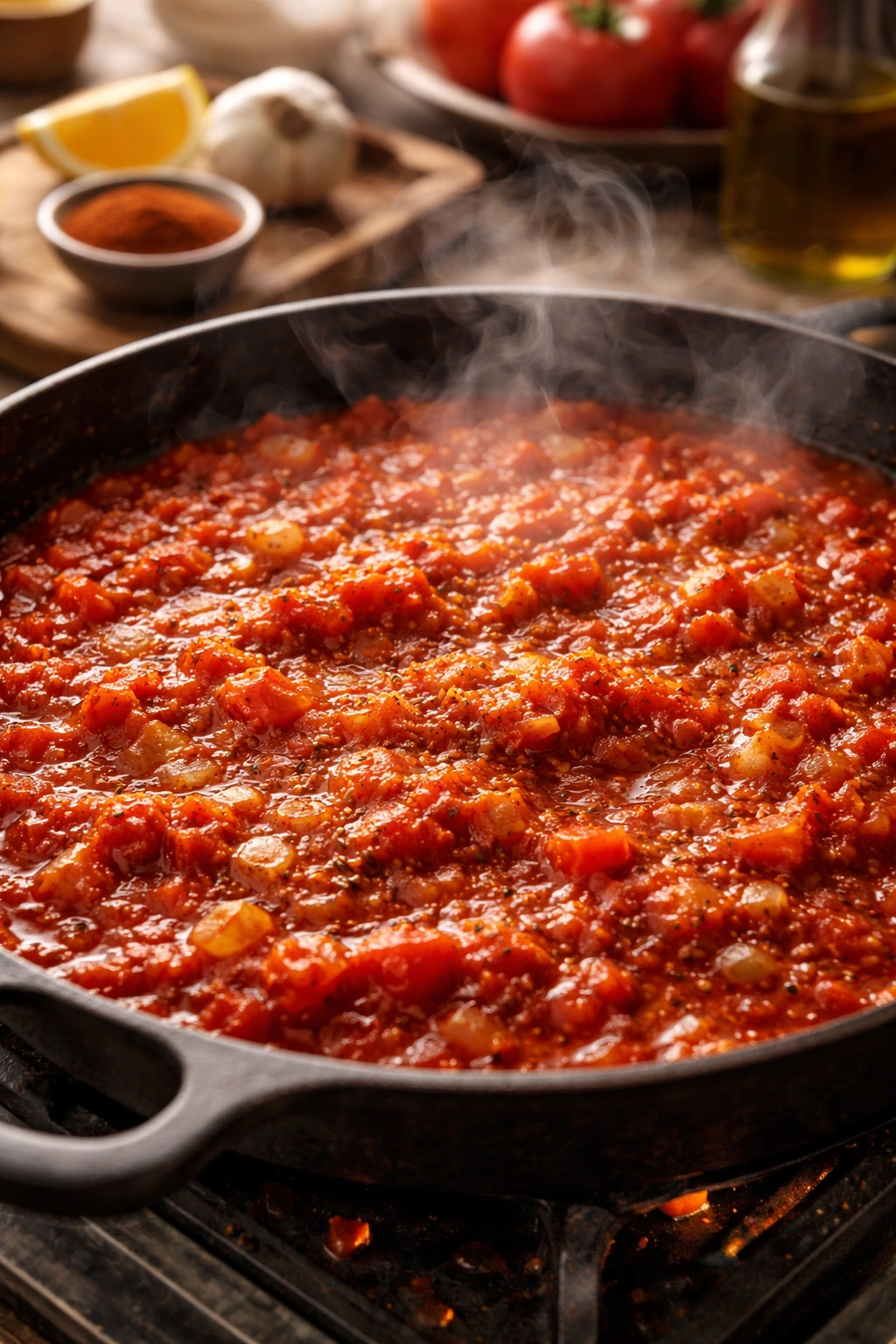 Simmering tomato onion sauce in a pan with spices visible