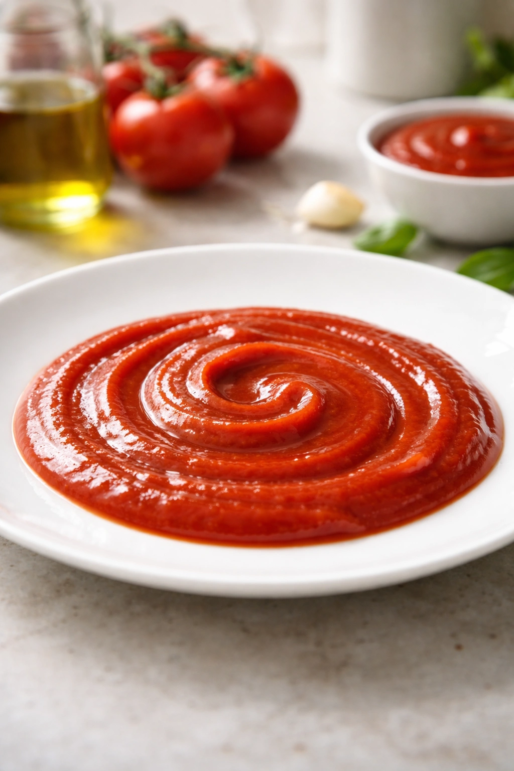 Tomato sauce on a plate showing pourable texture