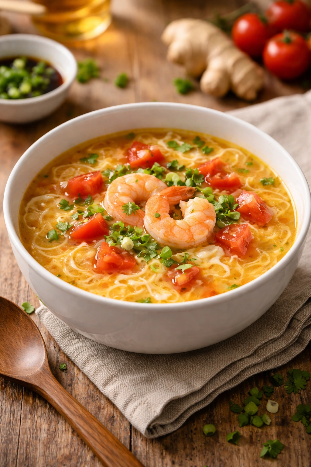 Egg drop soup with tomatoes and shrimp toppings in a white bowl