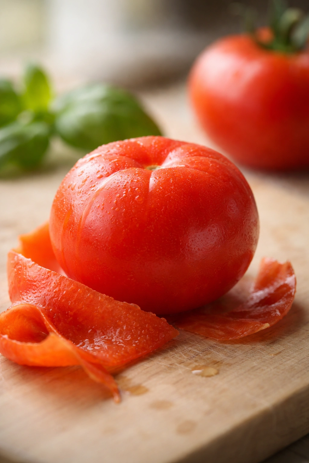 Tomato with skin peeled away to illustrate sensitivity management and easier digestion