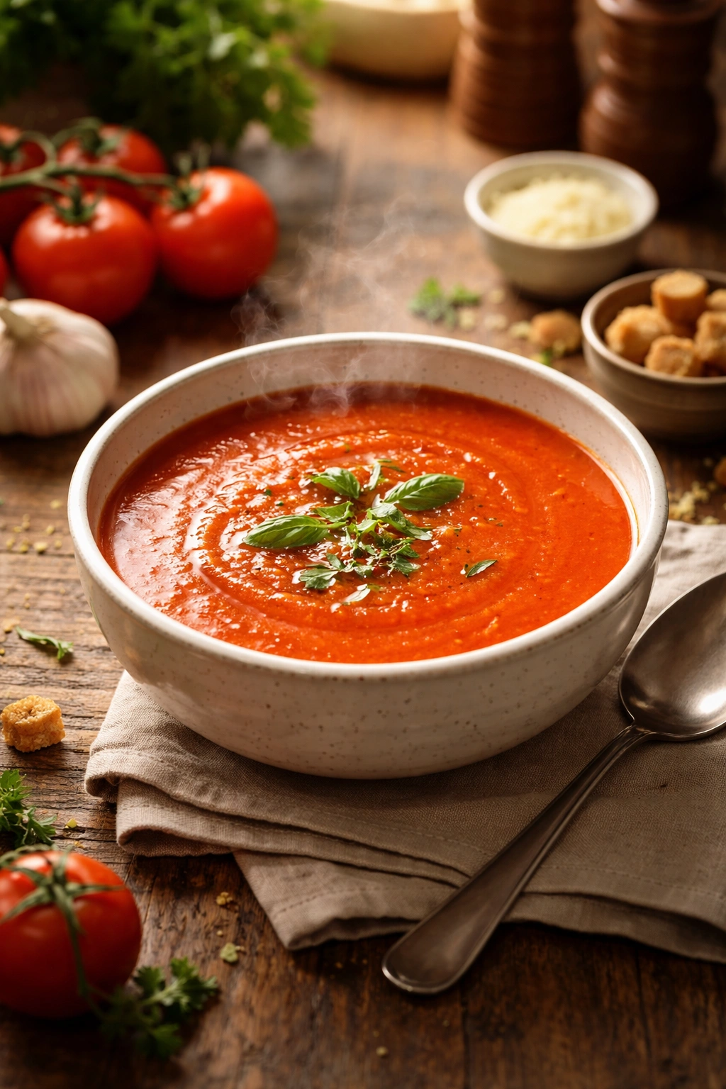Warm bowl of tomato soup with steam on a wooden table evoking comfort and hydration
