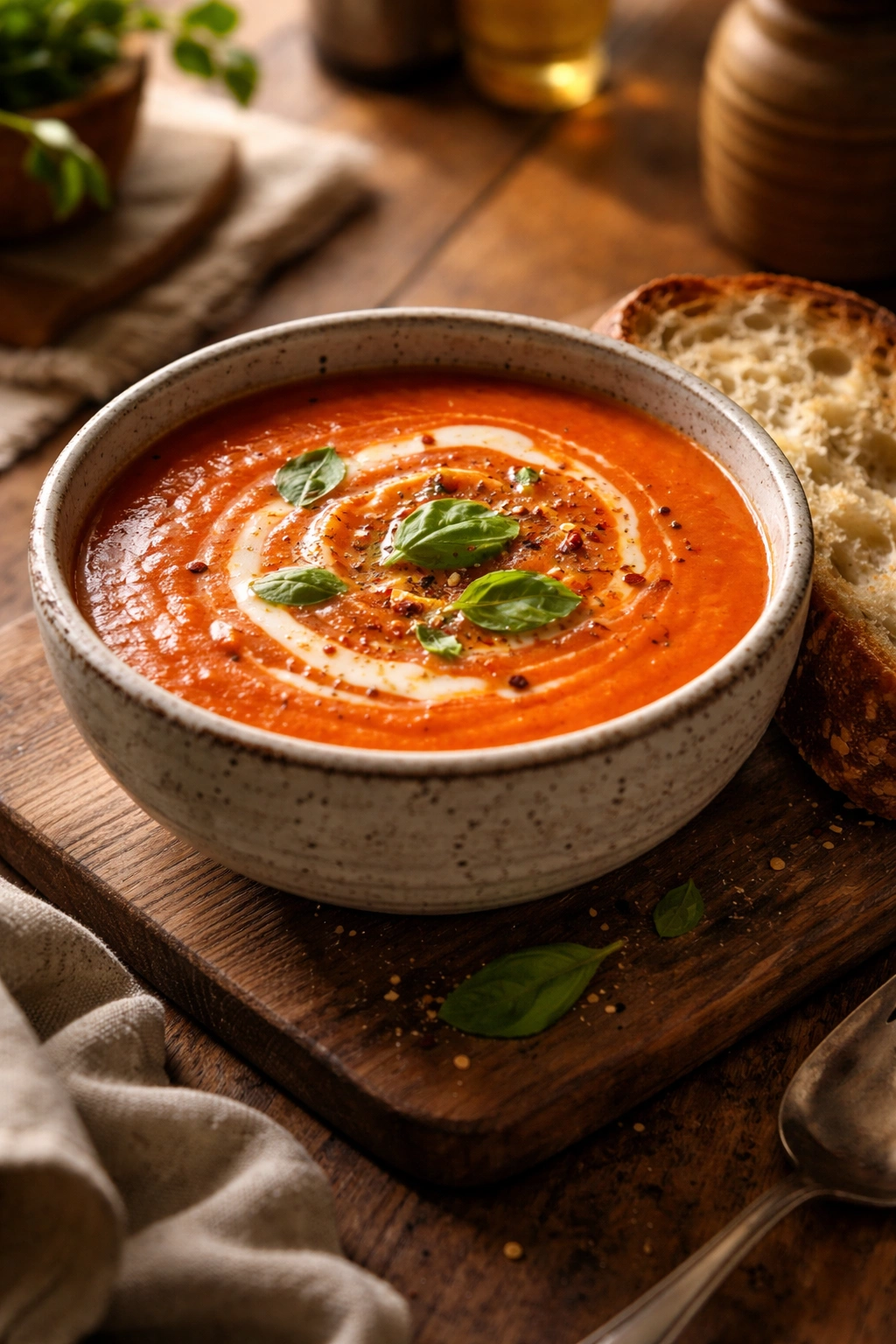 Close-up of creamy tomato soup in a rustic bowl with bread on a wooden table