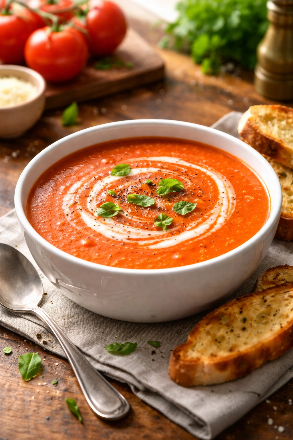 Close-up of creamy tomato soup in a white bowl with a cream swirl, high-detail