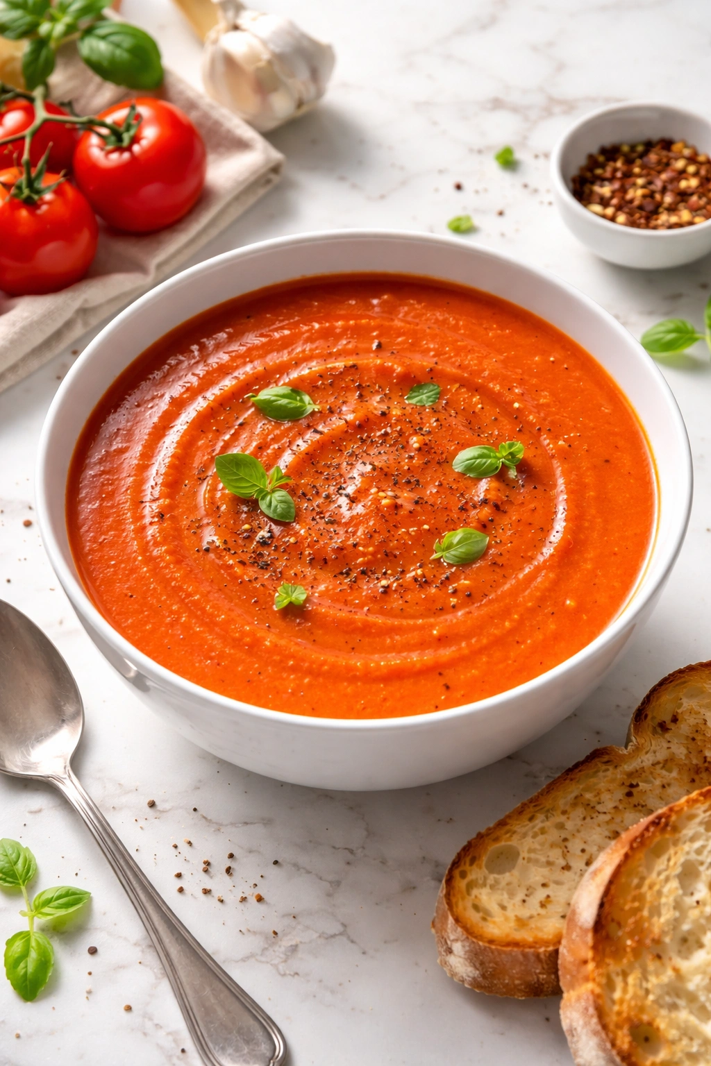 Creamy tomato soup in a white bowl with rich red color and velvety texture