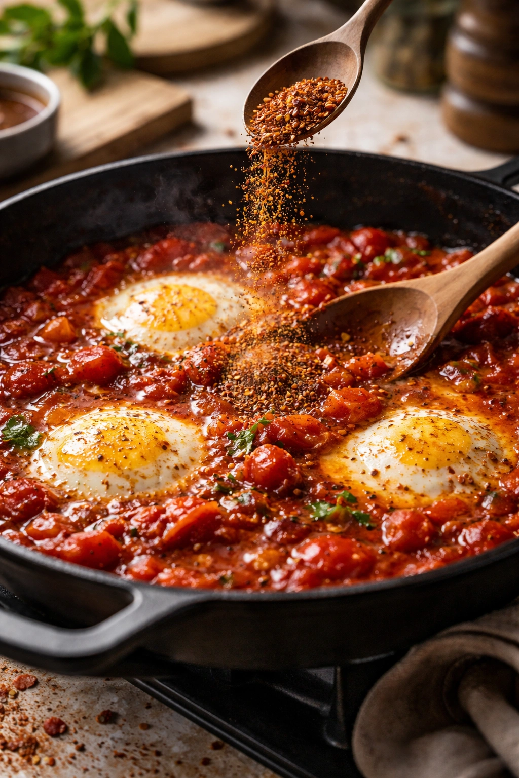 Close-up of tomato-spice balanced sauce with cumin and paprika