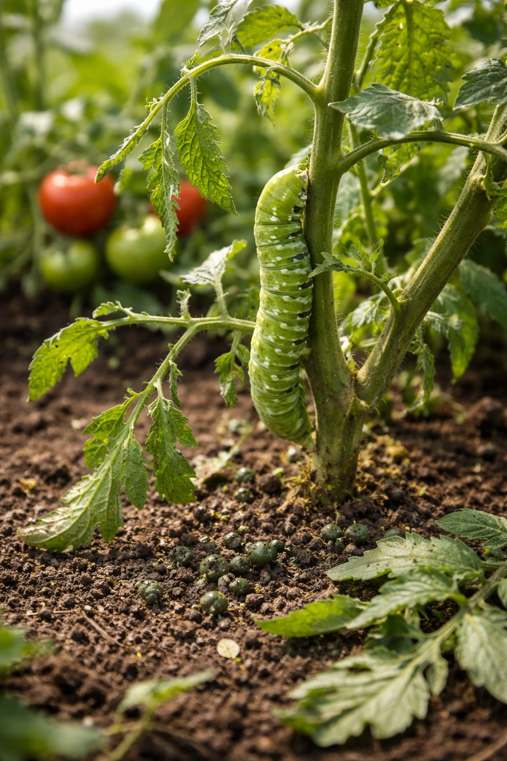 Tomato plant with chewed leaves and soil frass