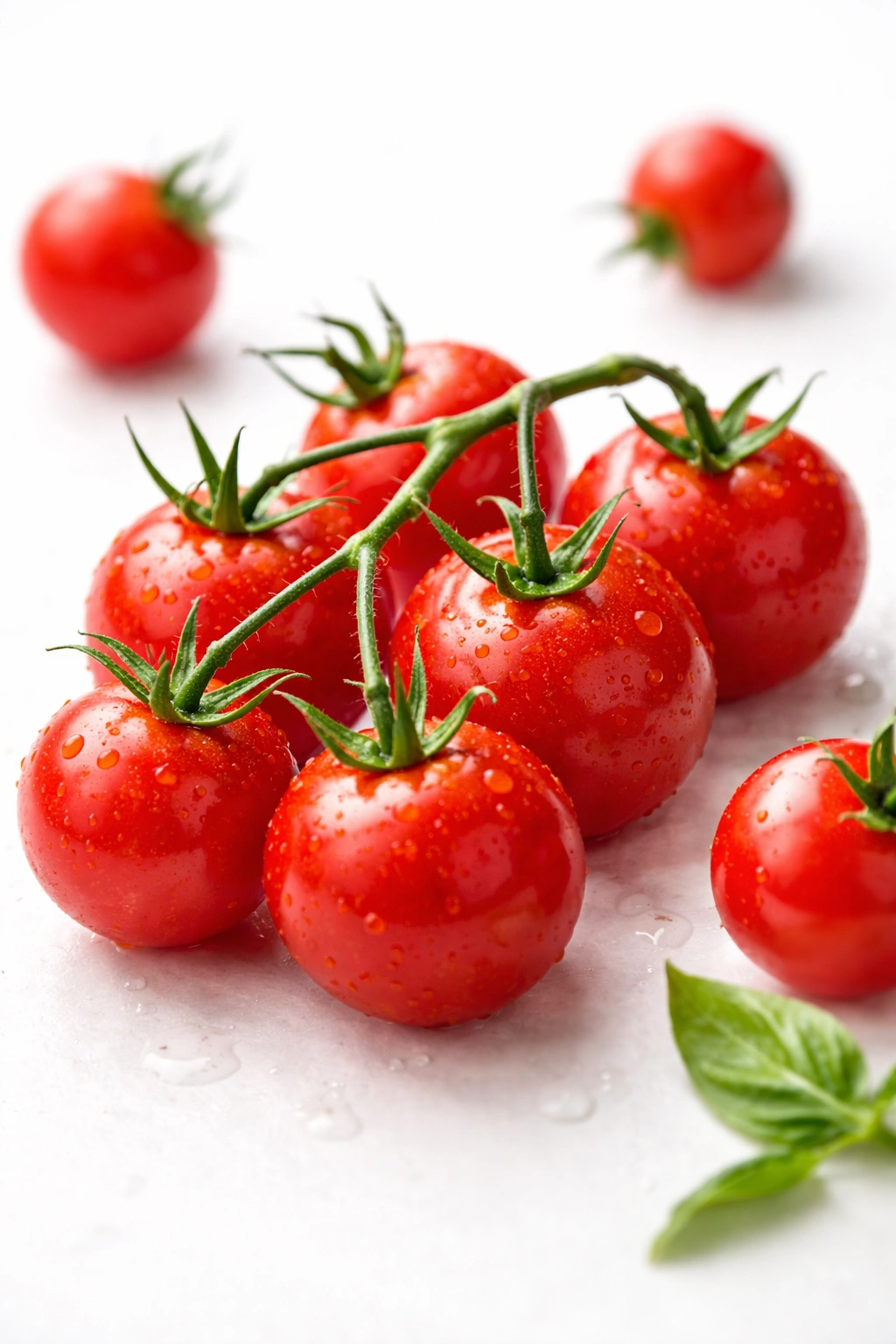 Cluster of cherry tomatoes on plain background
