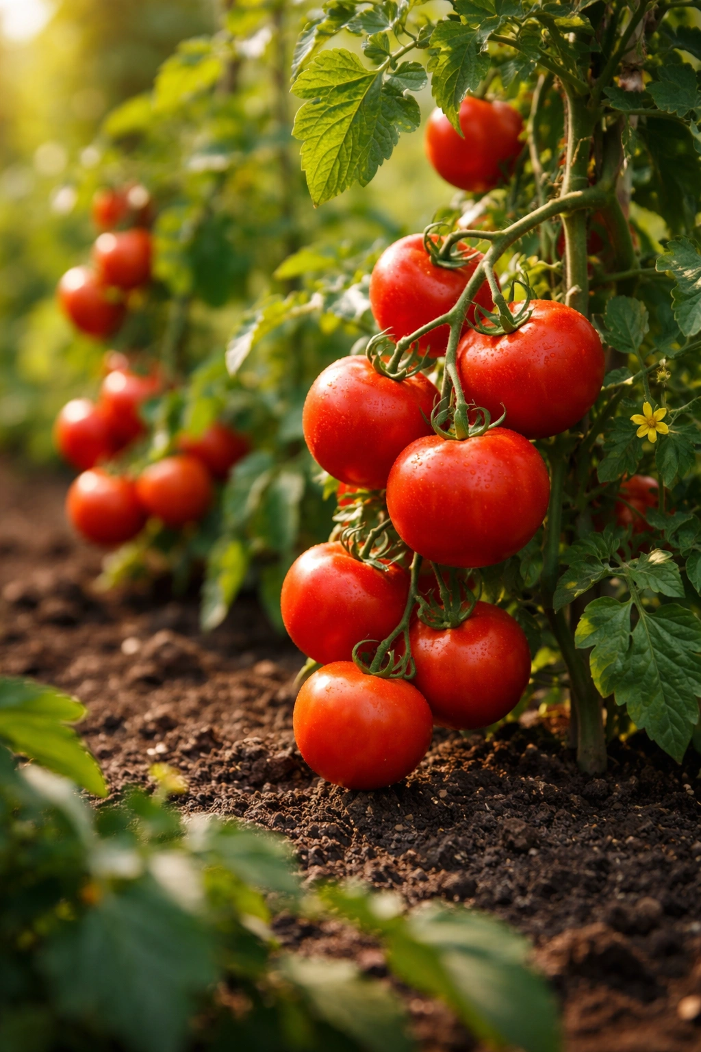 Close-up tomatoes on vine in sunlit garden bed