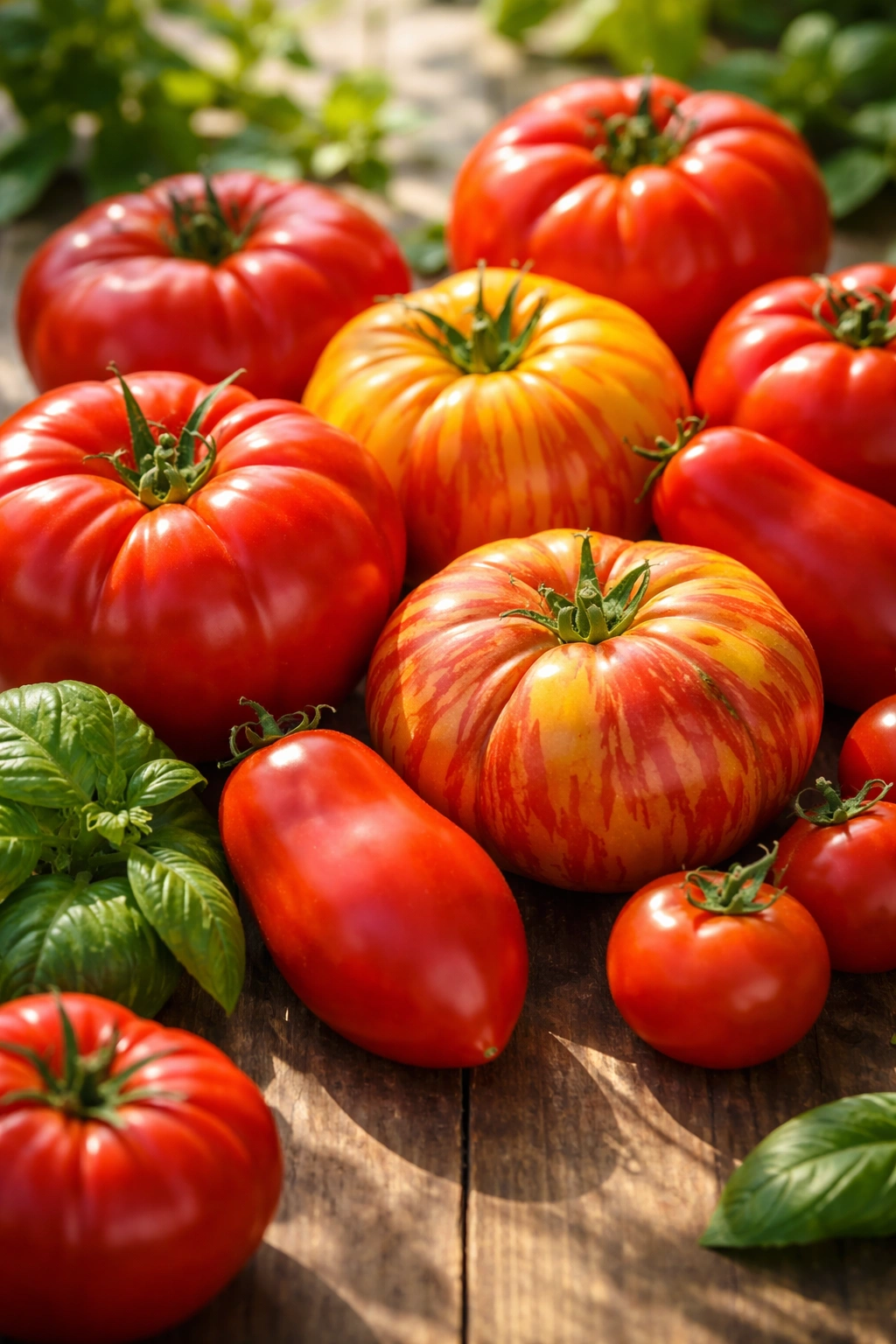 Ripe heirloom tomatoes on wood, ideal for gazpacho