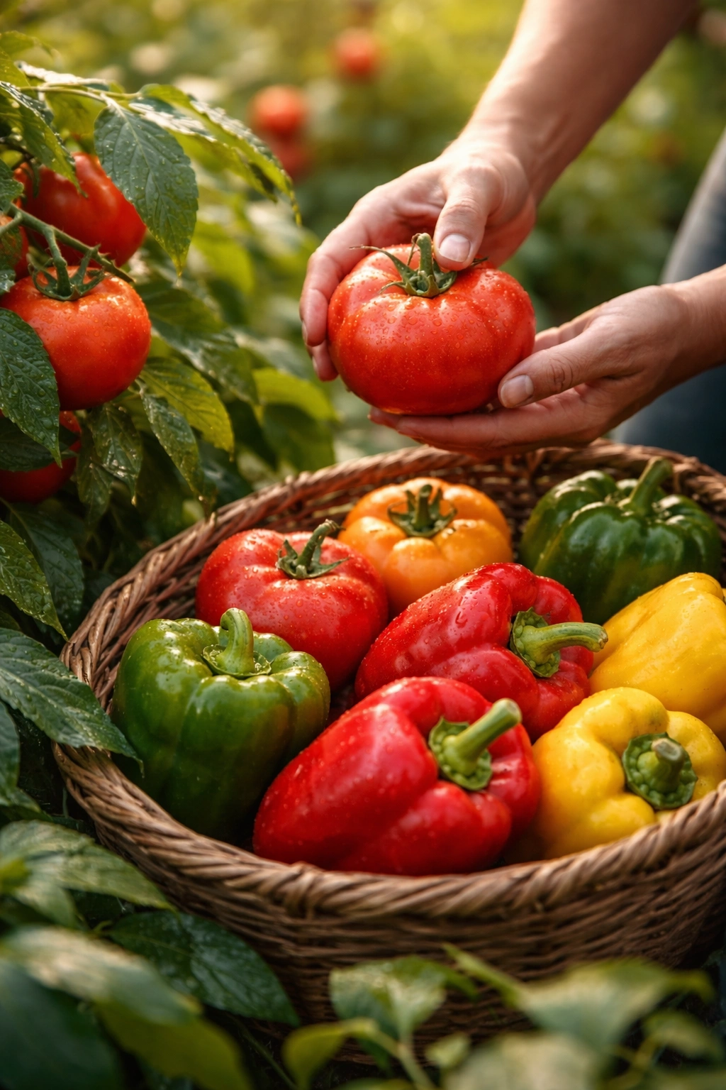 Close-up of ripe tomatoes and bell peppers on vines in a garden bed during September harvest