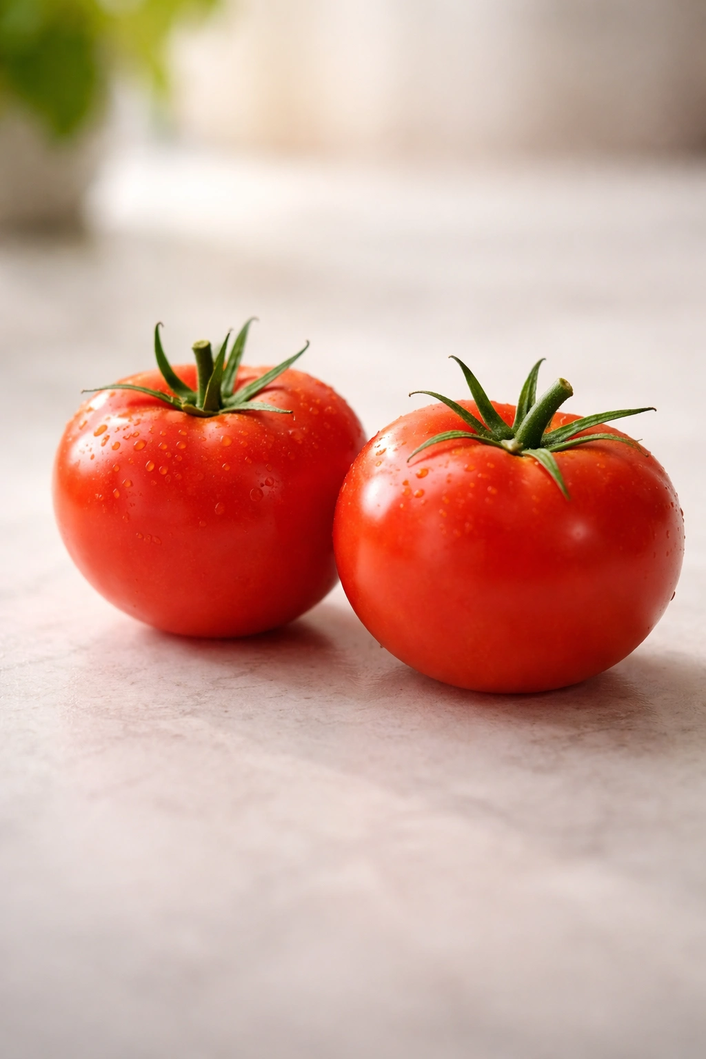 Two ripe tomatoes on a neutral surface