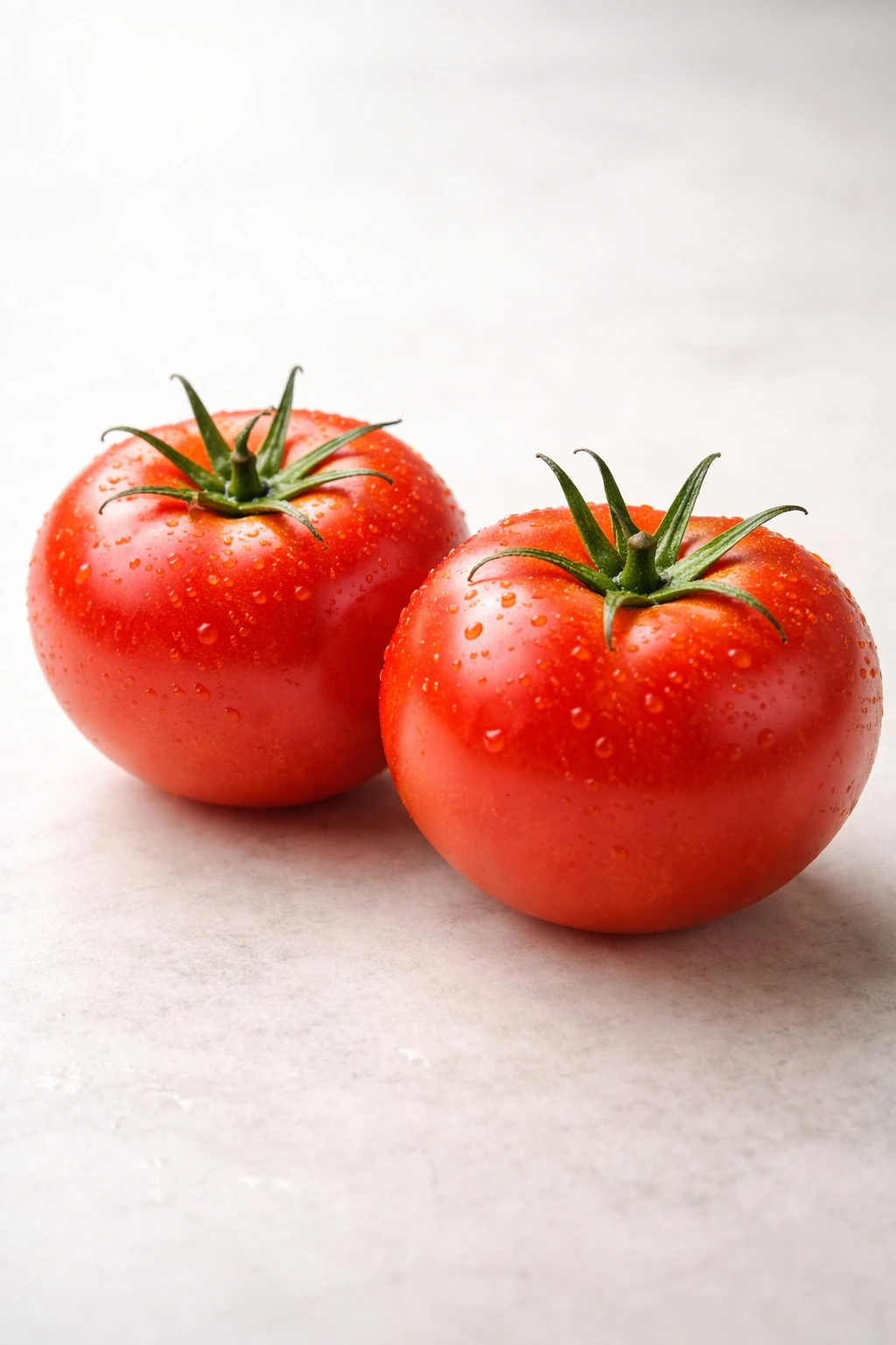 Two raw tomatoes on a light background