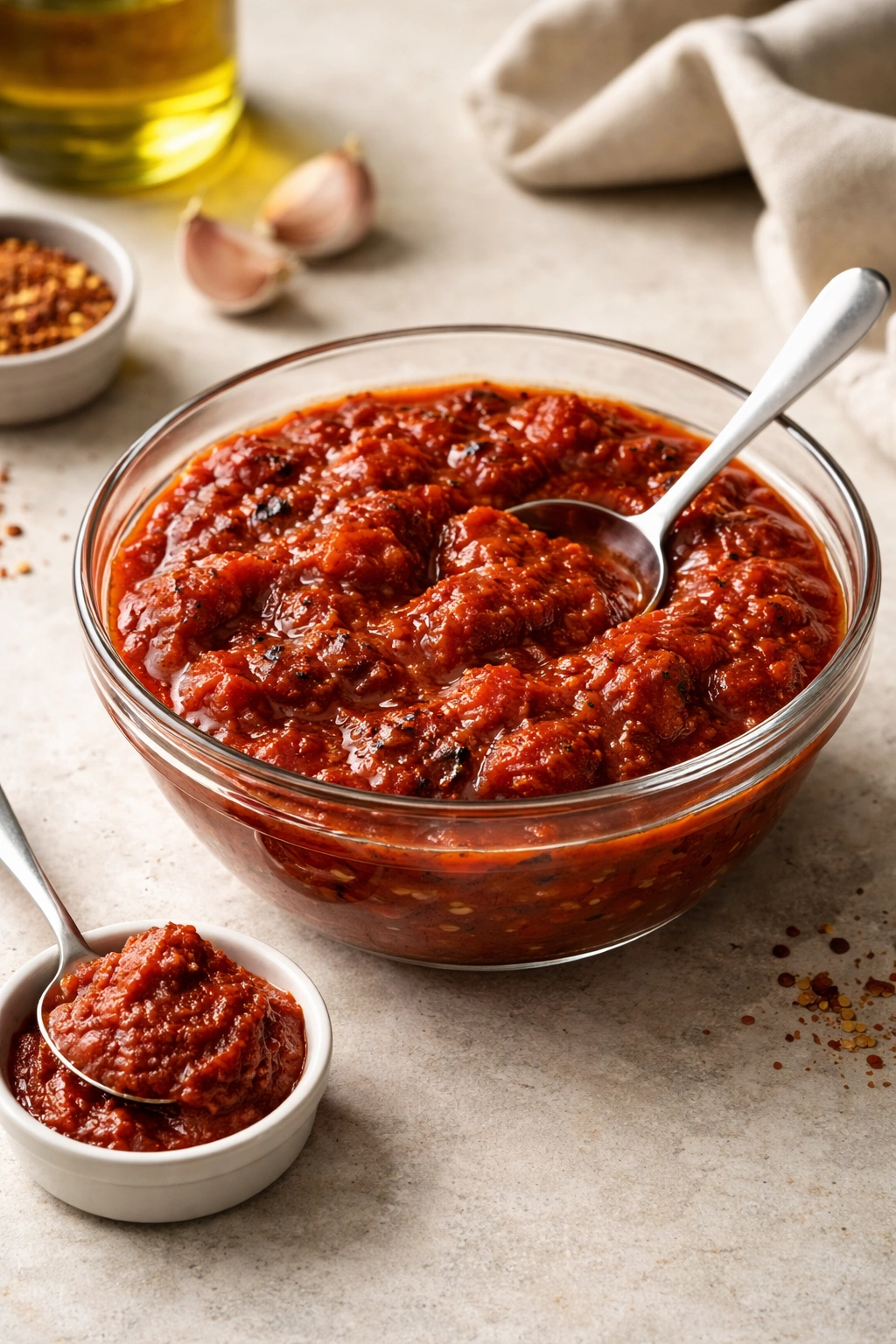 Crushed fire-roasted tomatoes and tomato paste on a neutral surface