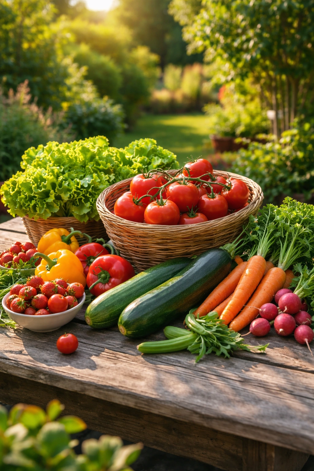 Harvest-ready tomatoes, zucchini, and lettuce displayed together