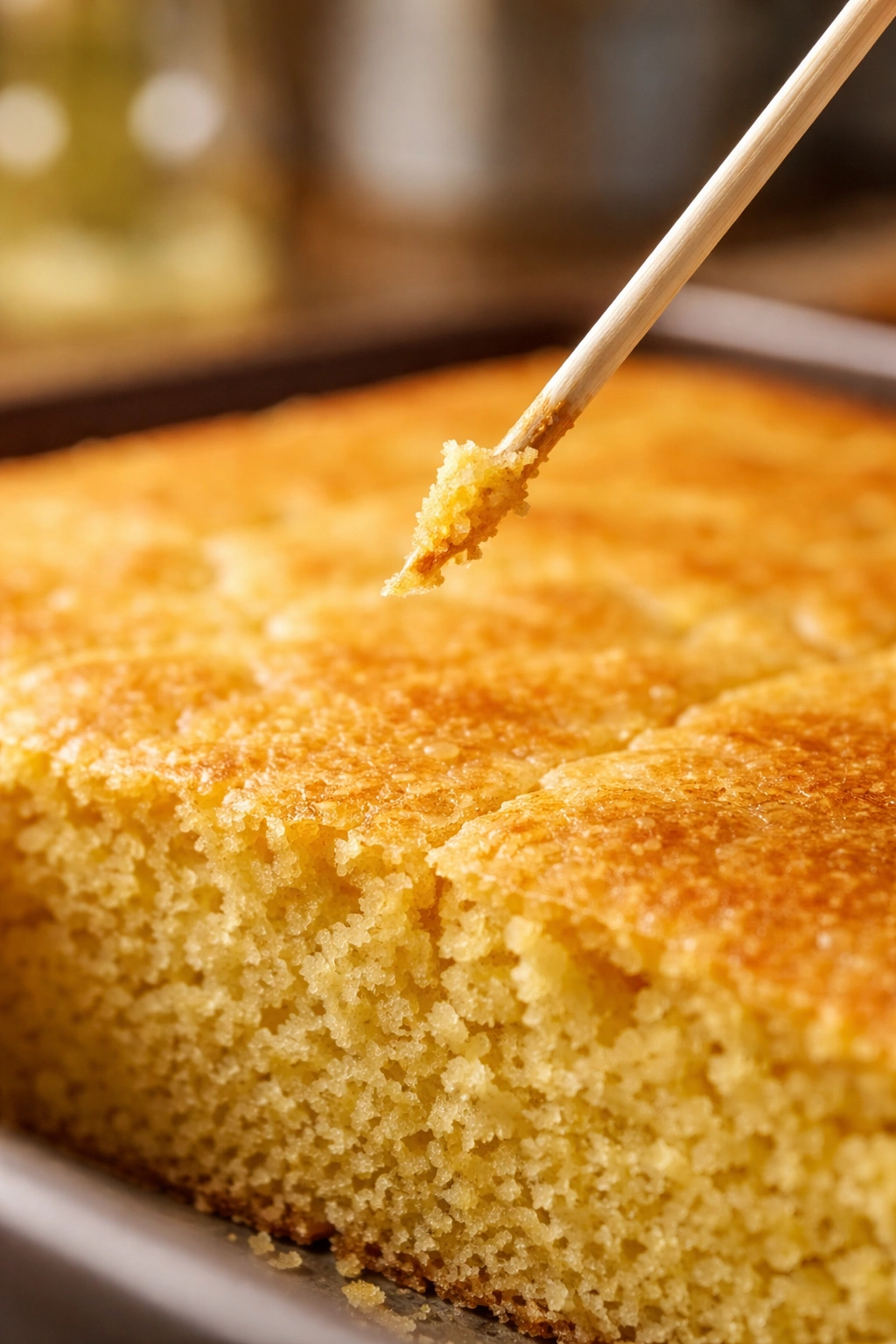 Toothpick with moist crumbs on baked cornbread crumb