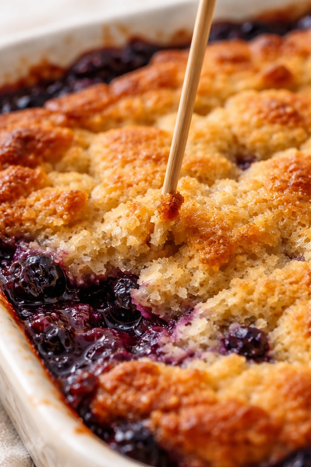 Toothpick testing cobbler topping for doneness