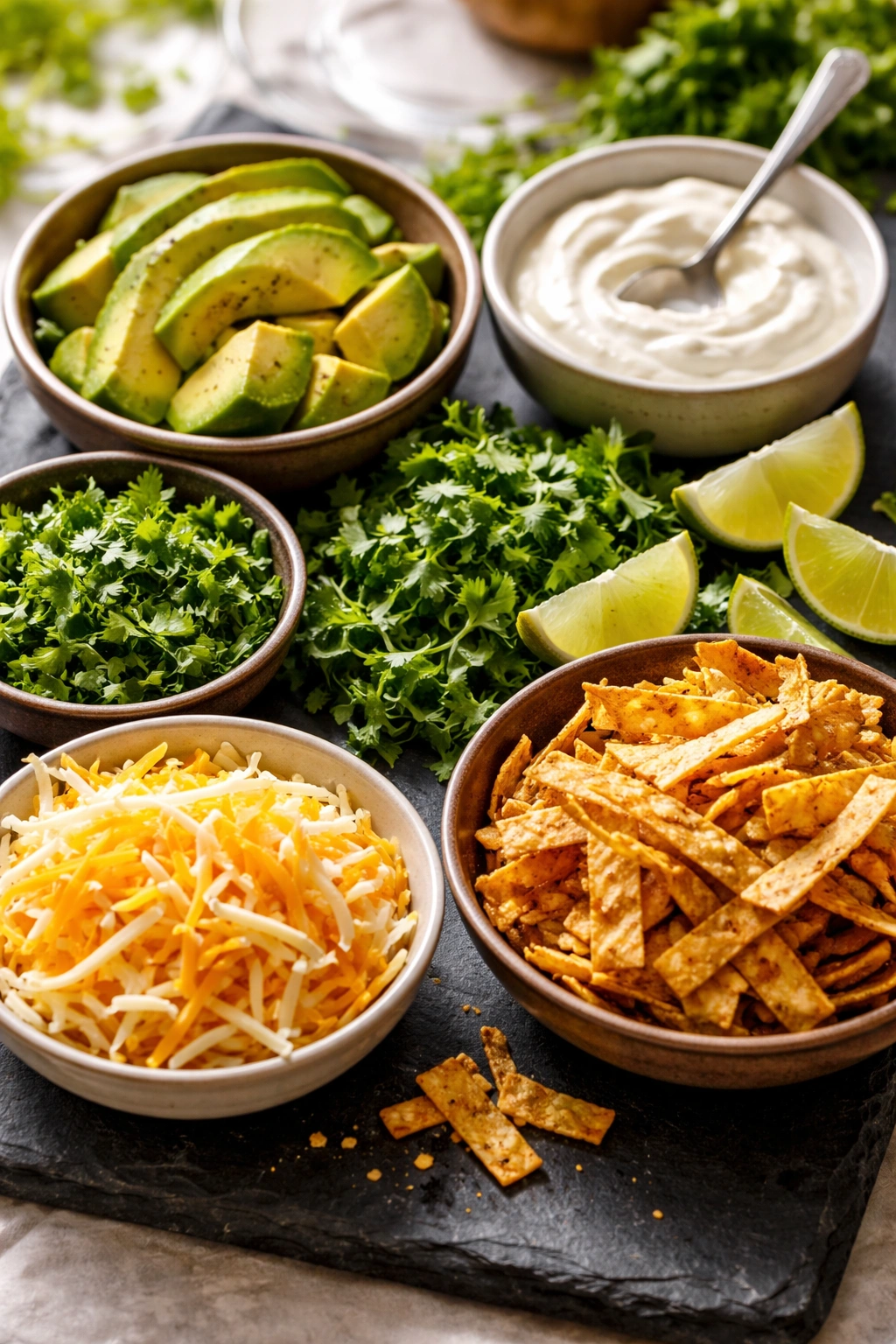 Toppings station with avocado, cilantro, sour cream, cheese, and tortilla strips