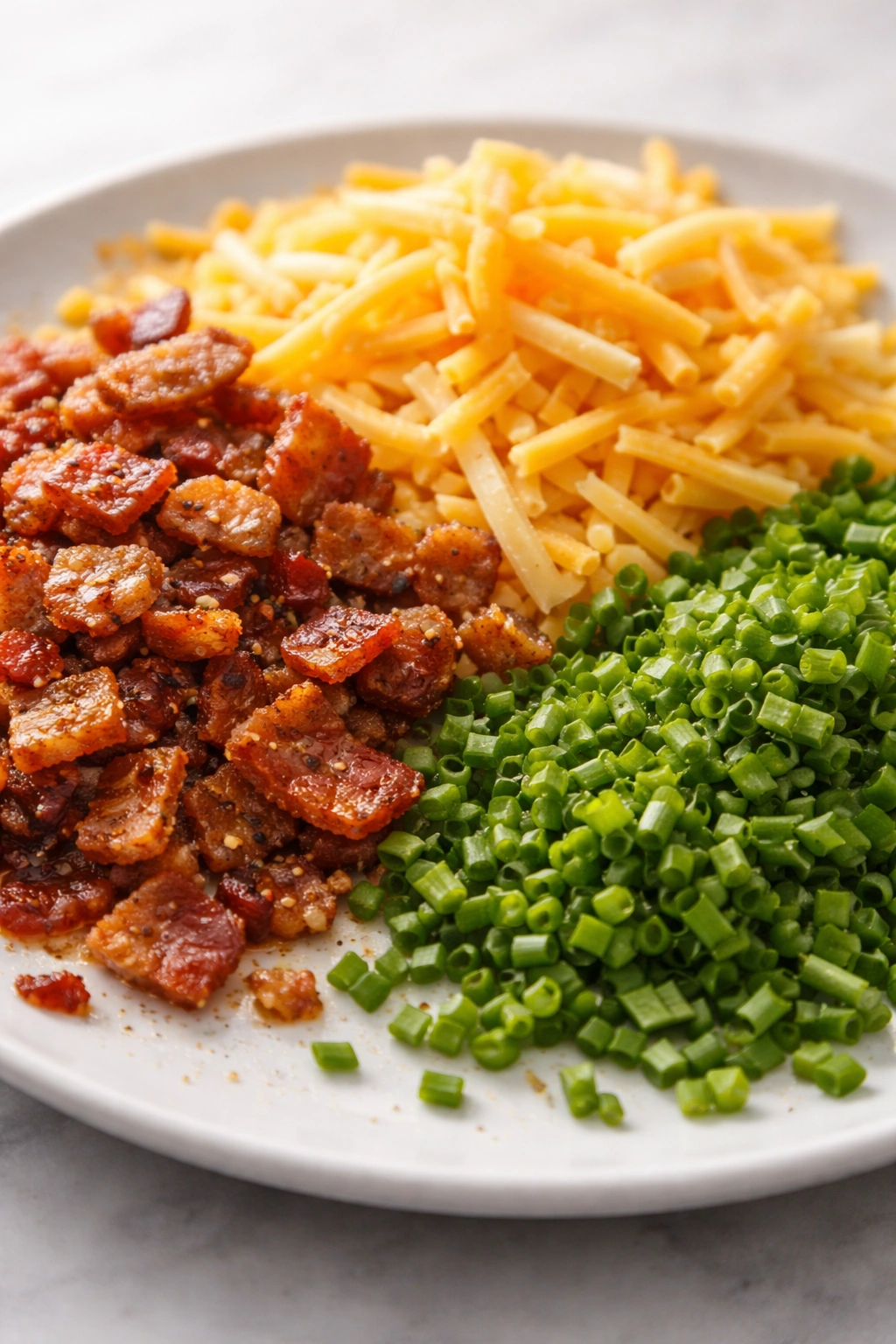 Toppings such as bacon bits, cheese, and chives arranged on a plate