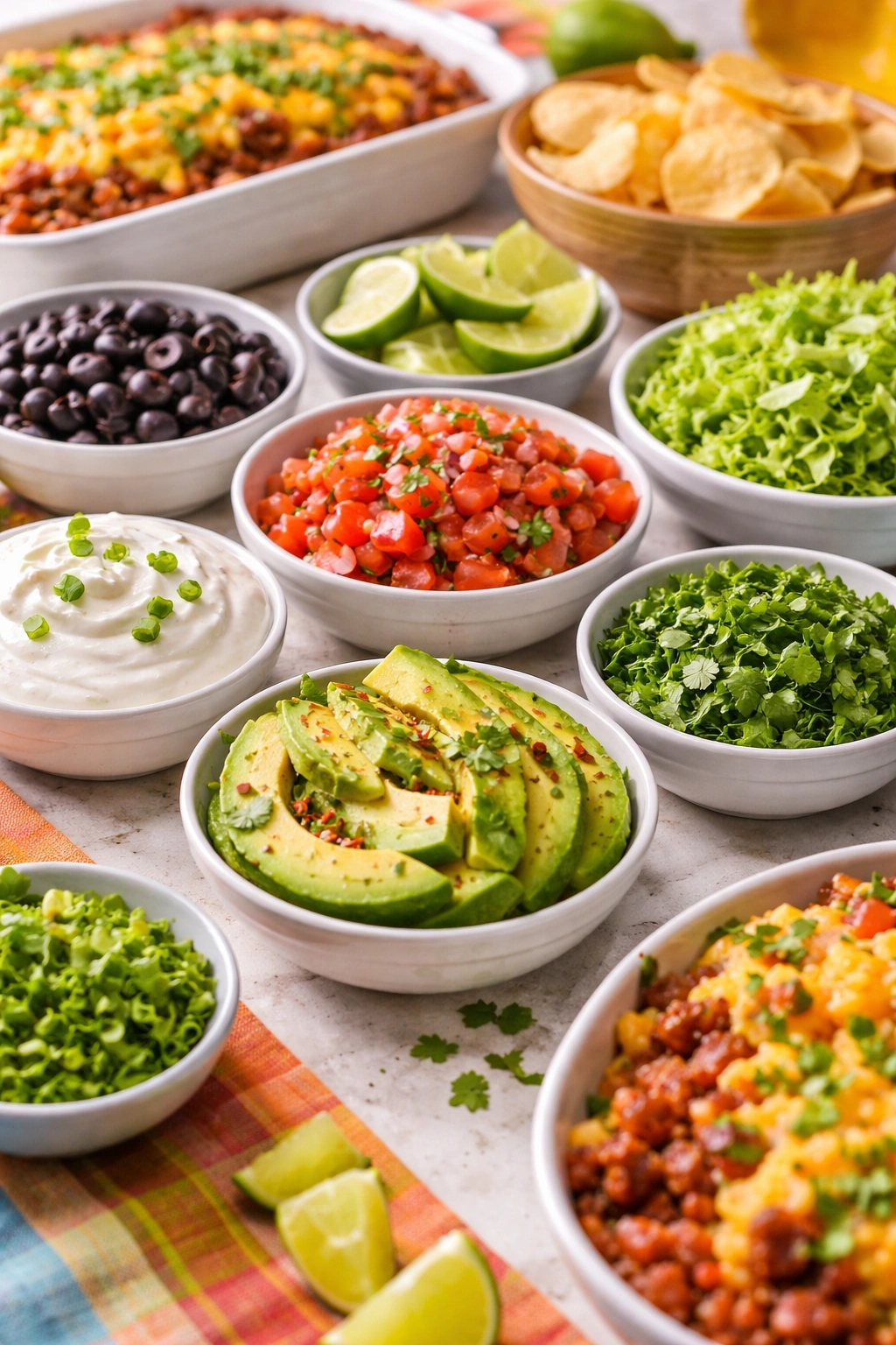 Toppings bar with bowls of sour cream, cilantro, tomatoes, avocado, olives, and lettuce.
