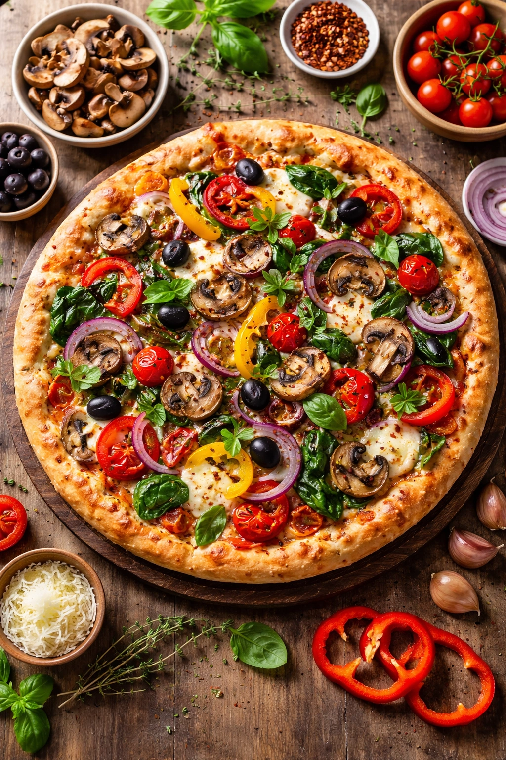 Colorful pizza topped with mushrooms, peppers, olives, and greens