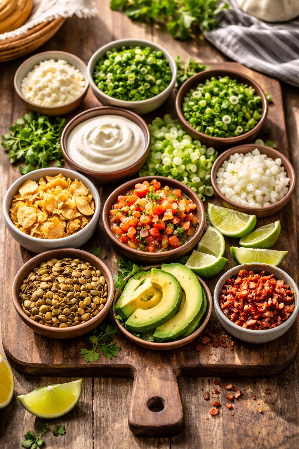 Top-down view of a wooden board with assorted soup toppings in small bowls