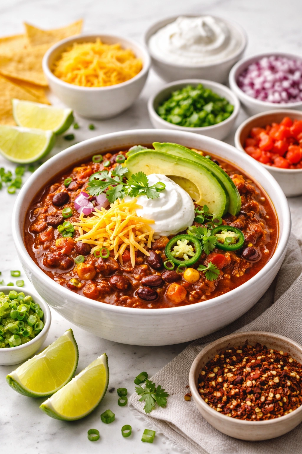Chili in bowl with sour cream and cheese topping