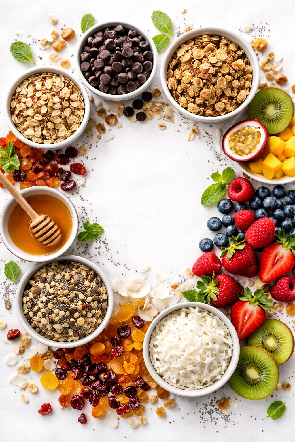 Assorted toppings arranged around center to suggest flavor combinations for bark