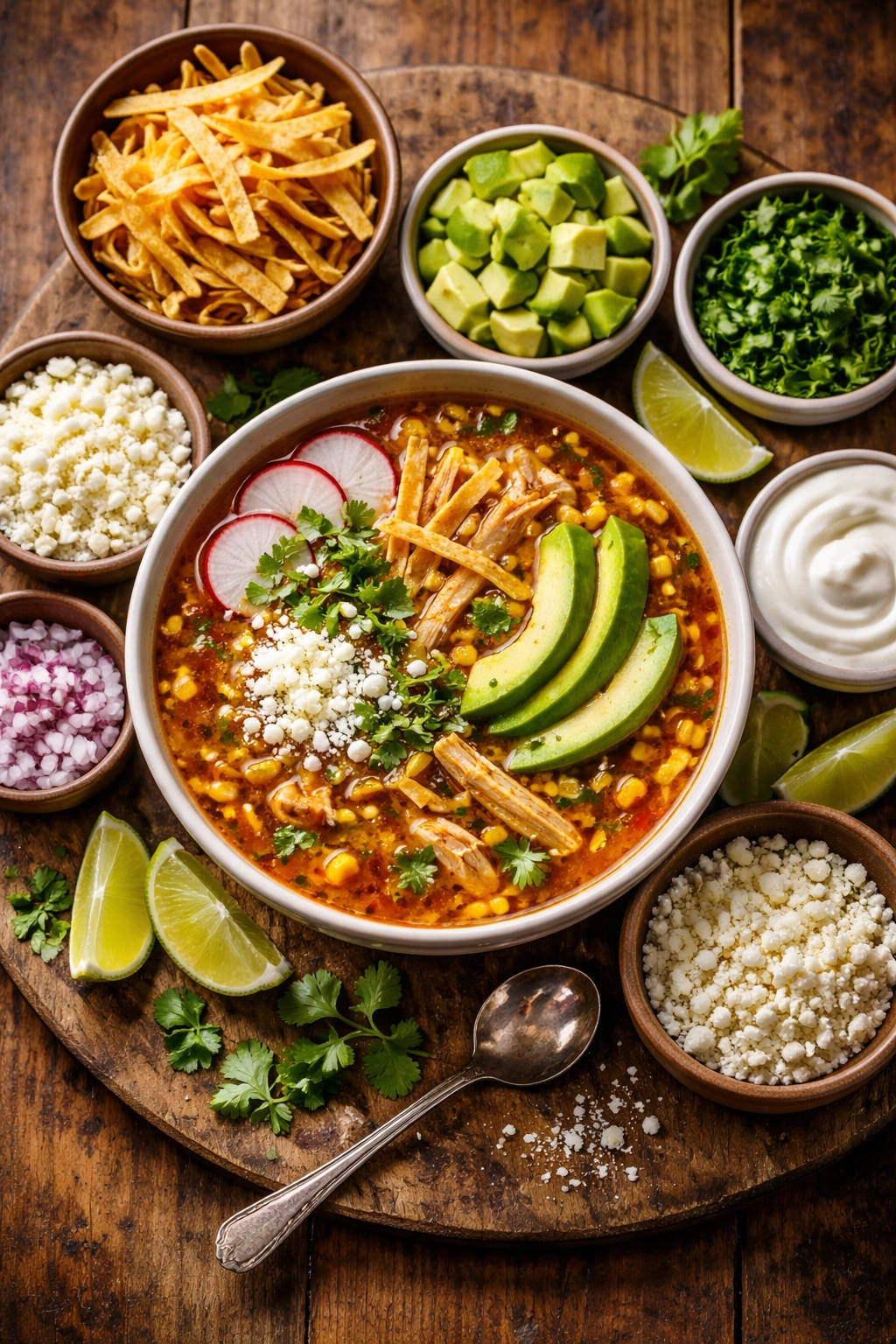 Varied toppings around a soup bowl including tortilla strips and avocado