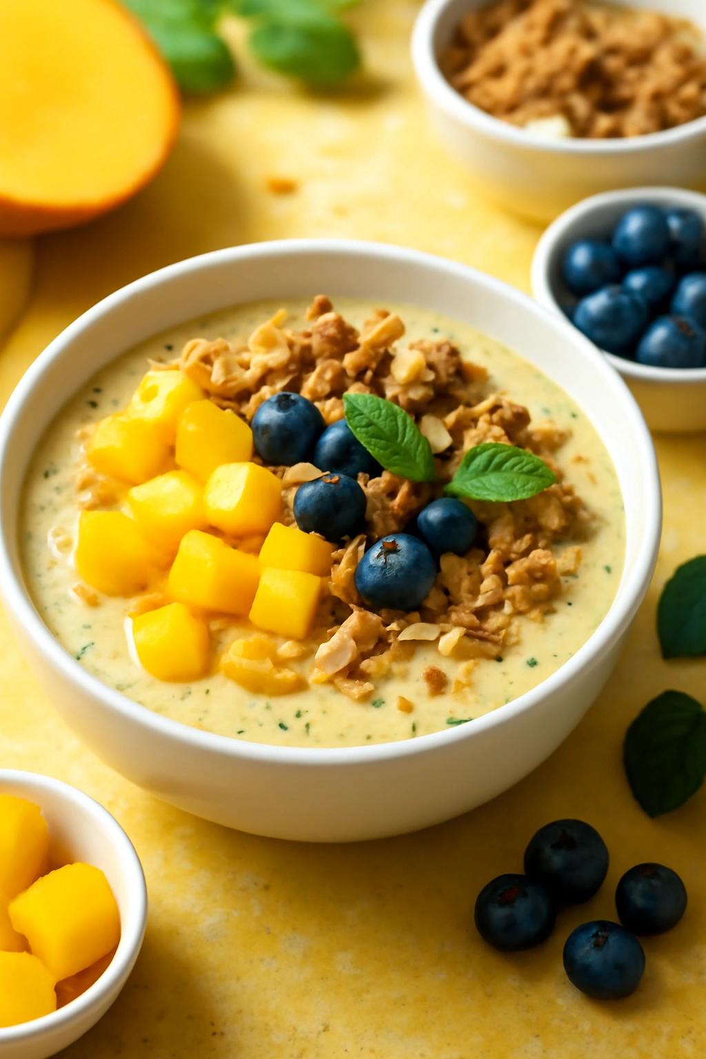 Mango chia pudding with toppings of mango, coconut, granola, and berries