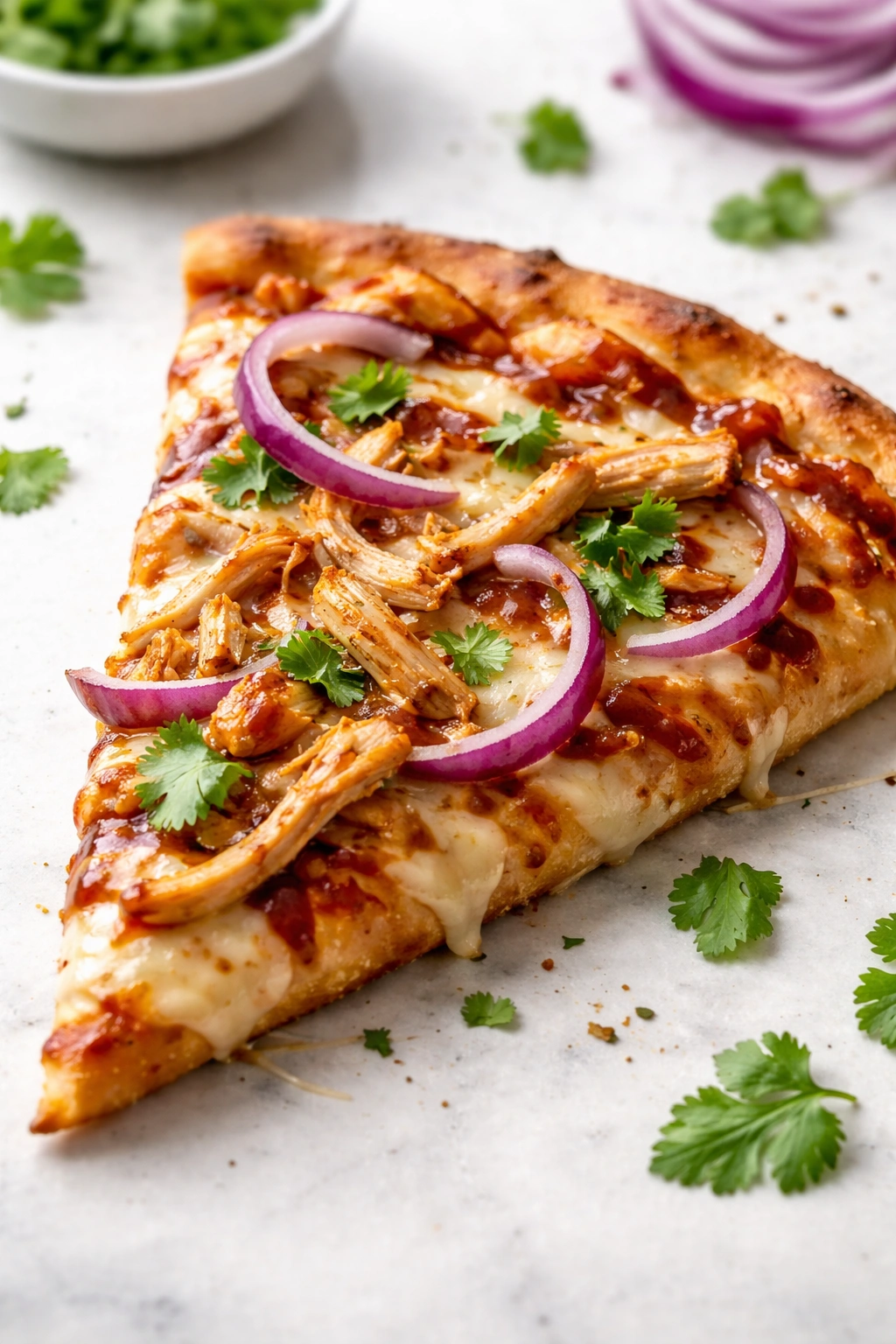 Close-up of a pizza slice with chicken, red onion, melted cheese and cilantro