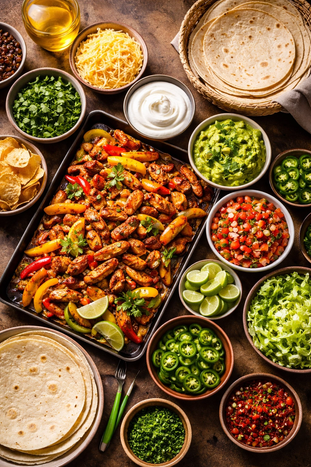 Toppings setup for fajitas with various condiments